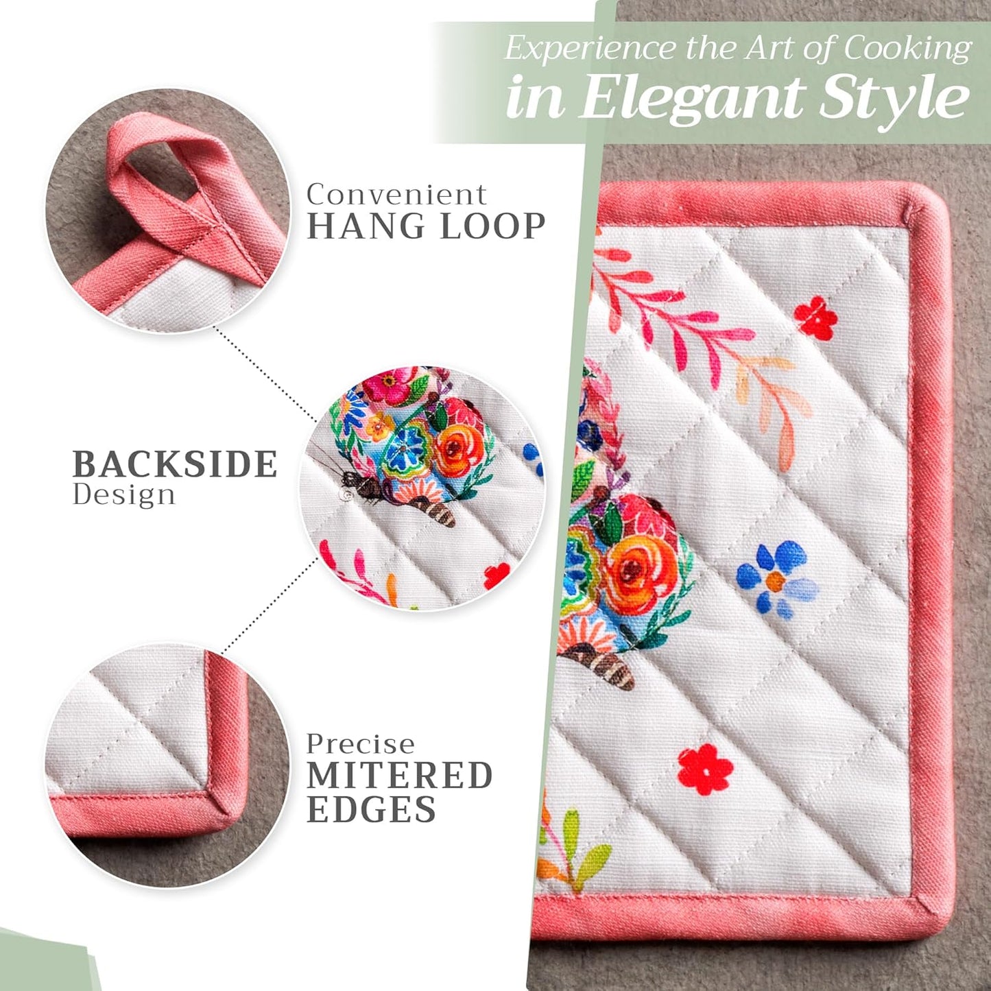 Maison d' Hermine Pot Holders Set 100% Cotton Heat Resistant Potholders 8" x 8" Hot Pads with Loop Cooking, Grilling, Kitchen, Handling Hot Pans Spring/Summer (Pack of 2, Happy Florals - High Summer)