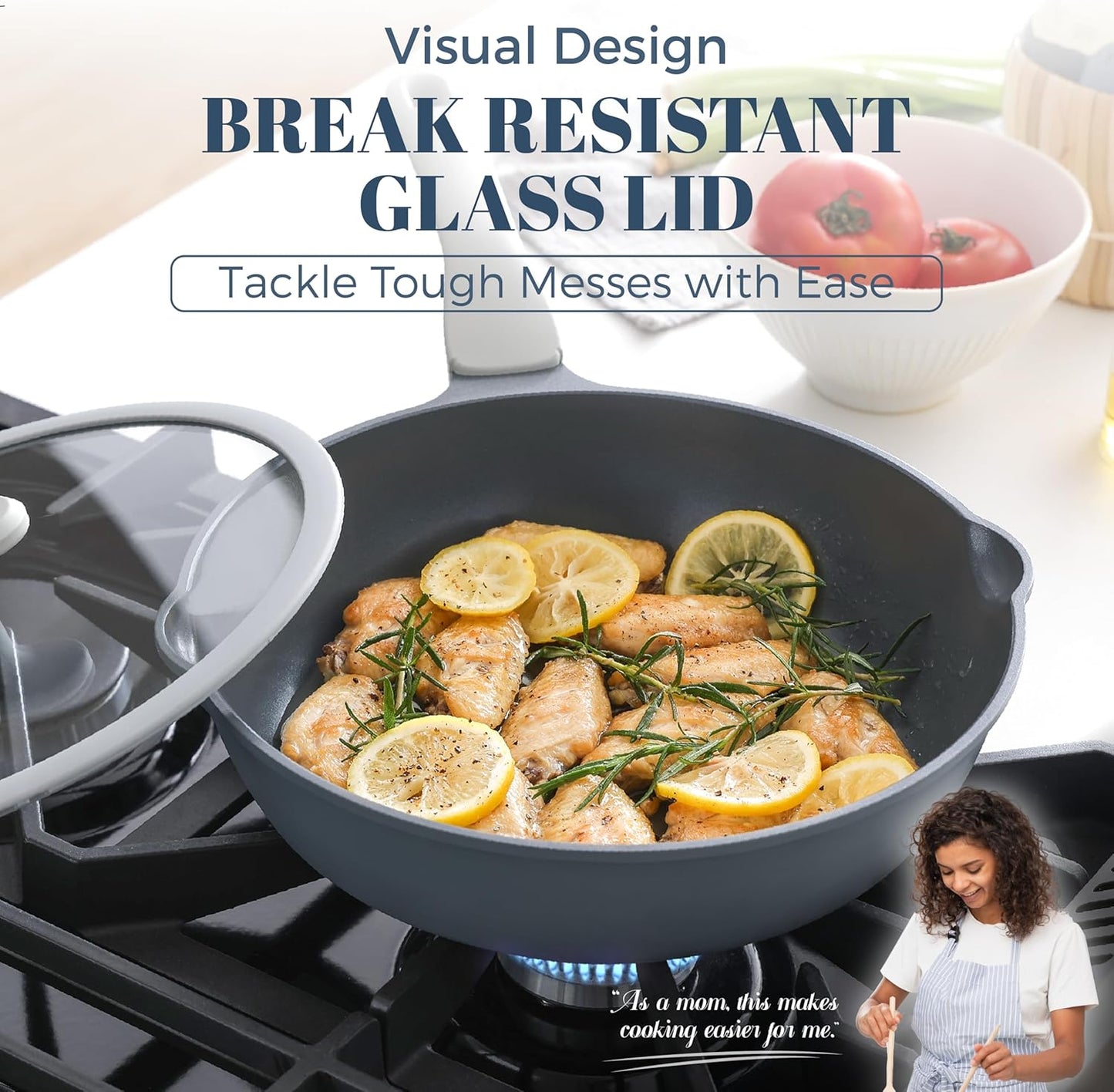 Ceramic Nonstick Deep Saute Pan with Lid, 10/12 Inch Non Toxic Pans with Double Pour Spout, Helper Handle and Lid, Metal Utennsil Safe, Dishwasher Safe, (12 Inch, Gray)