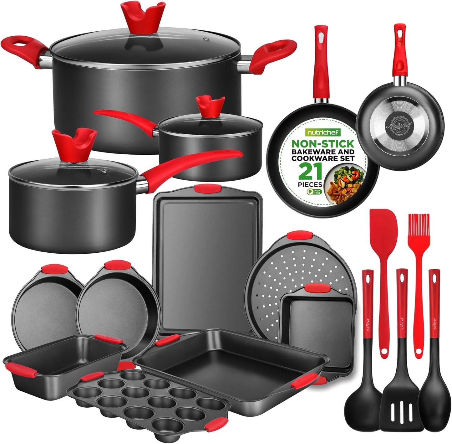 NutriChef 21-Piece Nonstick Cookware Set - PTFE/PFOA/PFOS Free Heat Resistant Lacquer Kitchen Ware Pots Pan w/ Cool-Touch Handles, Saucepan, Fry Pans, Lid, Bakeware, For Gas Electric Ceramic Cooktops