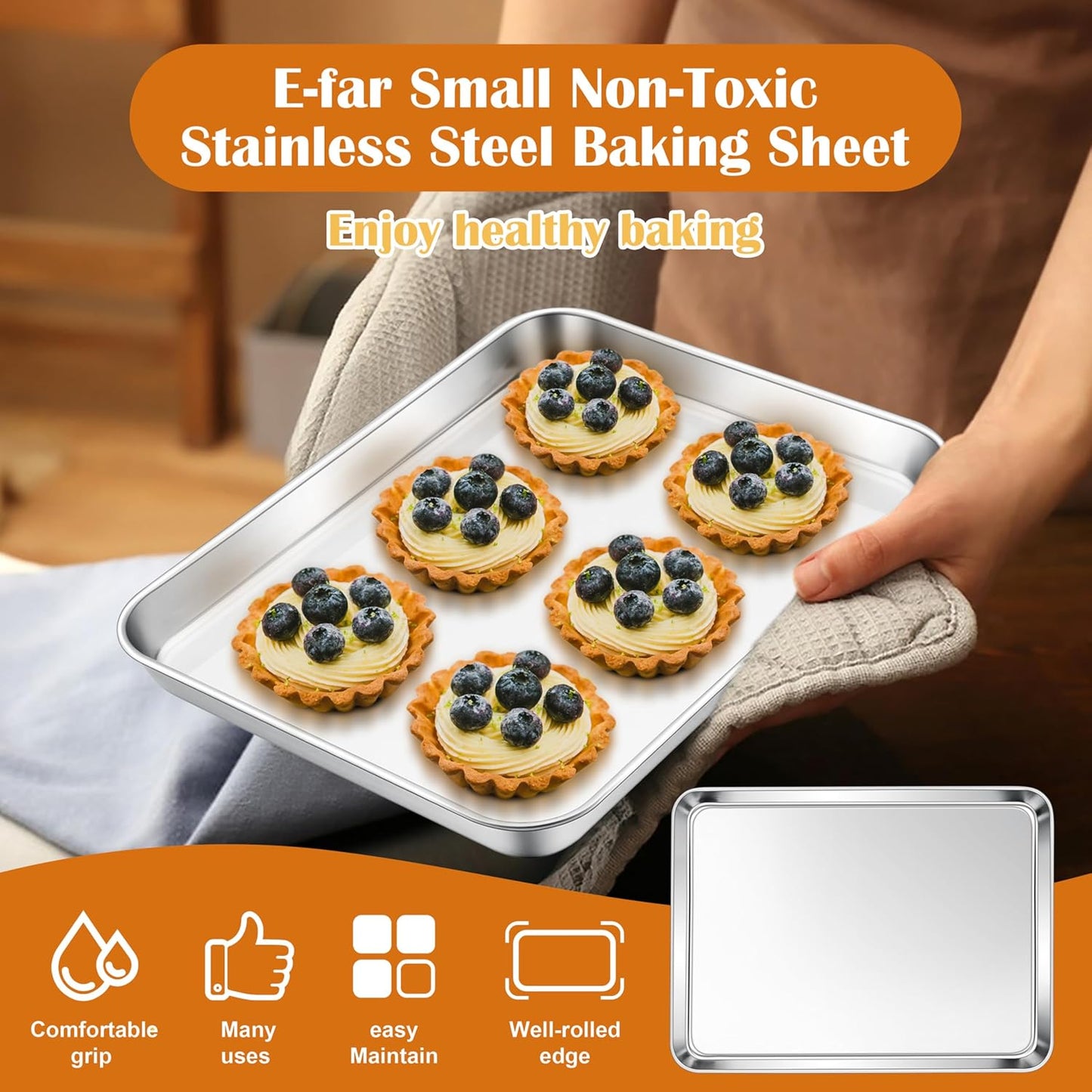 E-far Toaster Oven Tray, 10.5”x8.3” Stainless Steel Small Baking Cookie Sheet, Compact Non-toxic Metal Baking Pan for Cake, Healthy & Rust Free, Mirror Finish & Dishwasher Safe, 1 Pack
