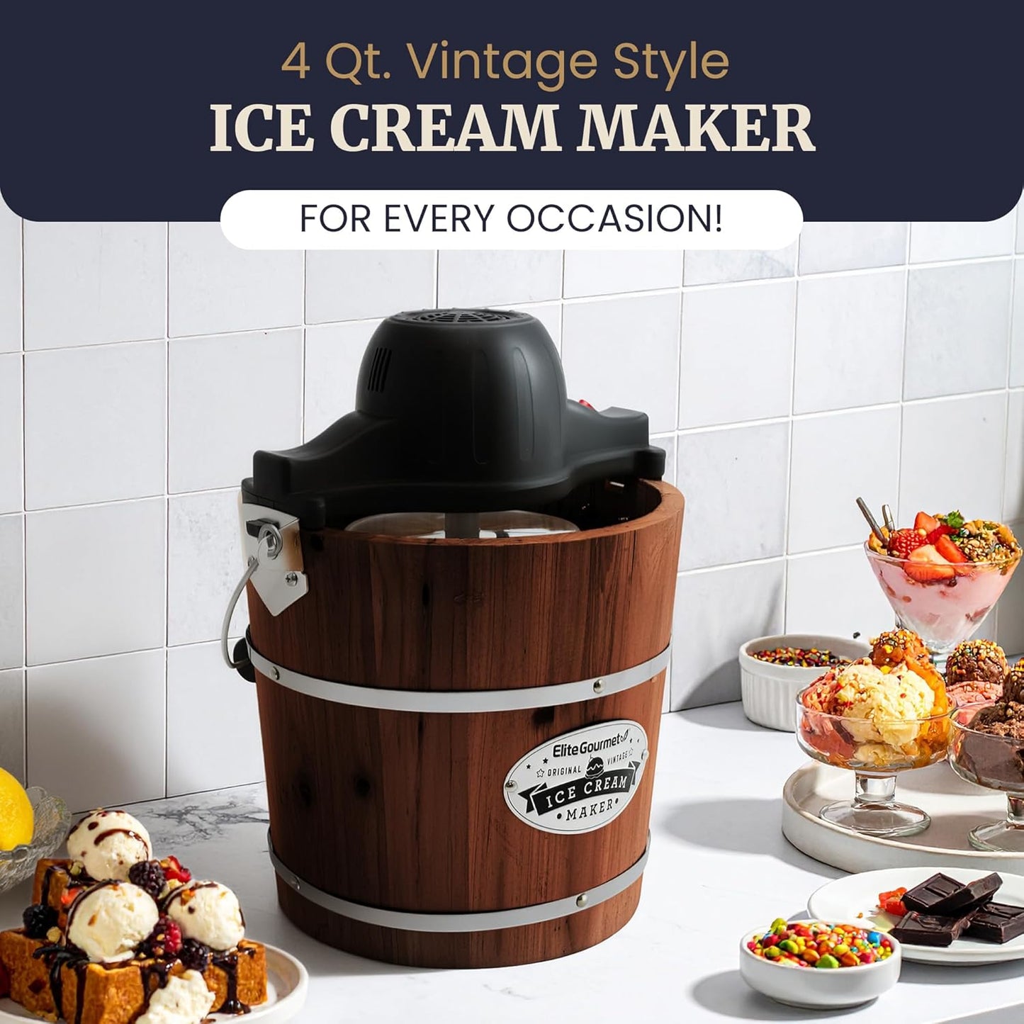Elite Gourmet EIM418 Old Fashioned 4 Quart Vintage Walnut Wood Bucket, Electric Ice Cream Maker Machine, Uses Ice and Rock Salt Churns Ice Cream in Minutes
