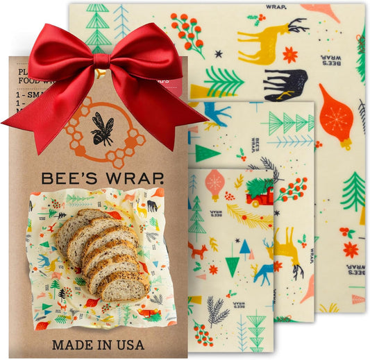 Bee's Wrap Beeswax Wraps for Food - Winter Wonderland 3 Pack (S, M, L) Made in USA Reusable & Organic Food Wraps, Sandwich Wrap & Bowl Covers - Eco-Friendly Alternative to Aluminum Foil & Plastic Wrap