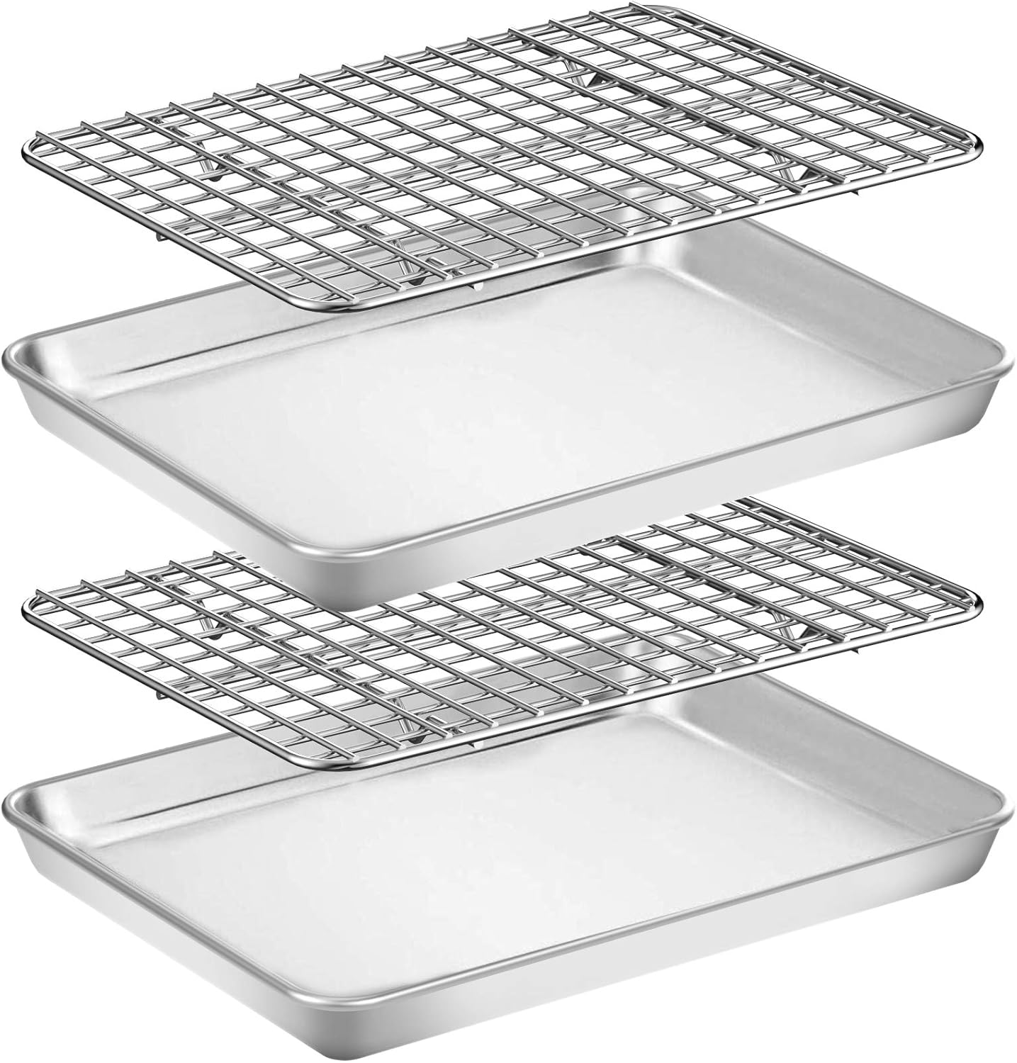 Baking Sheet with Rack Set [2 Pans + 2 Racks], Wildone Stainless Steel Cookie Sheet Baking Pan Tray with Cooling Rack, Size 9 x 7 x 1 Inch, Non Toxic & Heavy Duty & Easy Clean