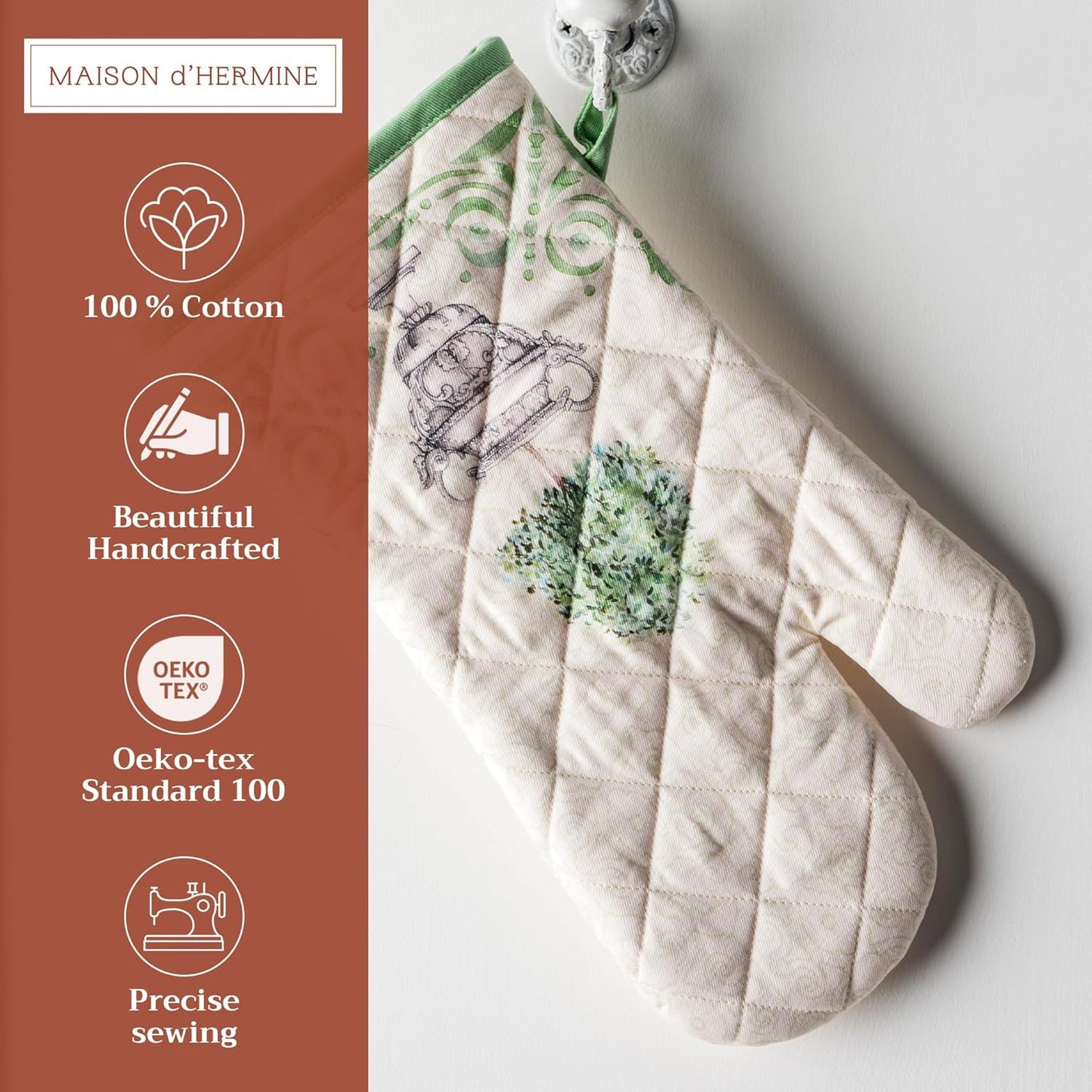 Maison d' Hermine Oven Gloves 100% Cotton Oven Mitt 7" x 13" with Loop Heat Resistant, BBQ, Cooking Gloves, Baking, Grilling, Kitchen, Handling Hot Pans Spring/Summer (Pack of 1, Jardin Du Roy)