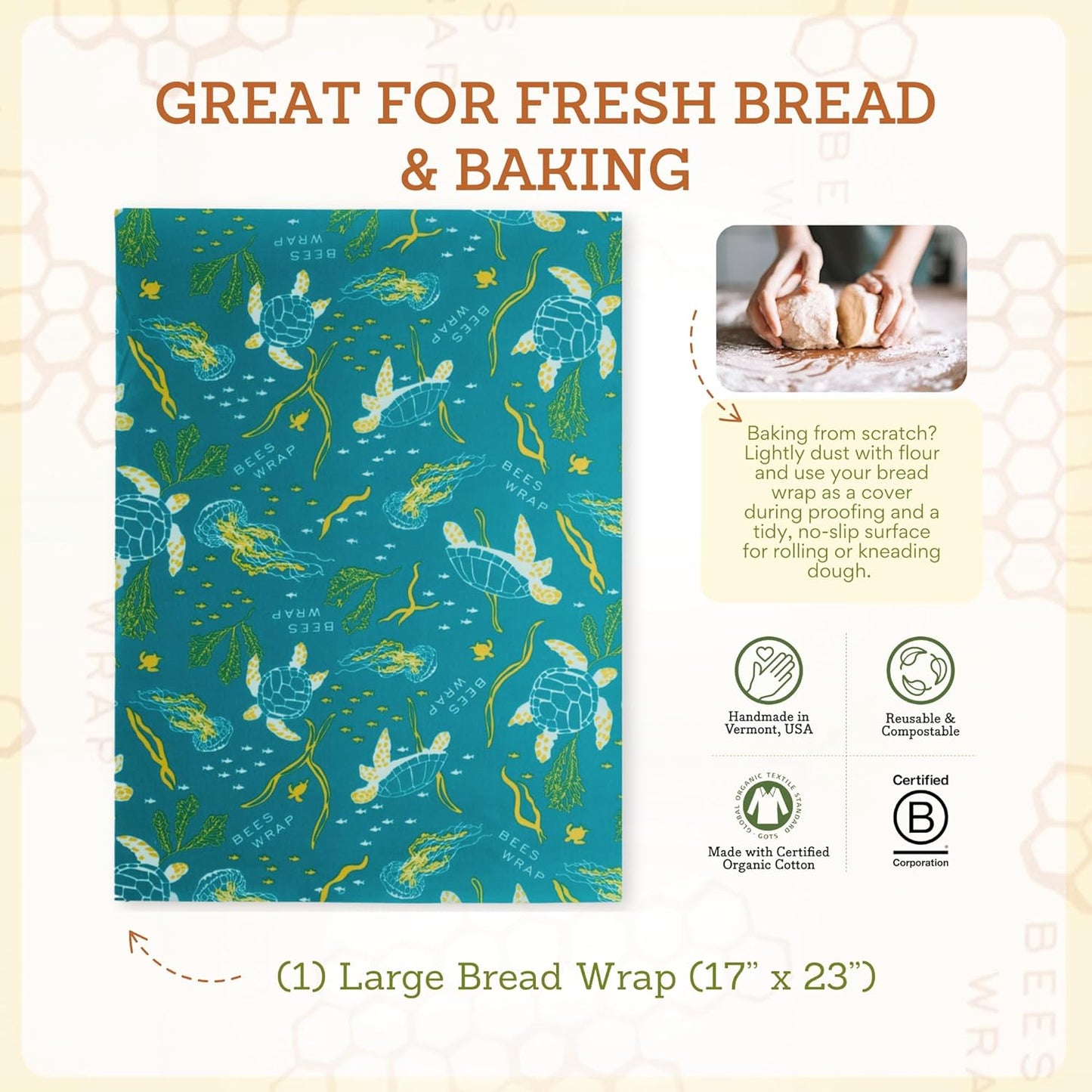 Bee's Wrap Beeswax Wraps for Food - Ocean Bread Wrap - Made in USA Reusable Bread Storage Bags - Organic & Eco-Friendly Alternative to Aluminum Foil, Sourdough Bags & Plastic Wrap