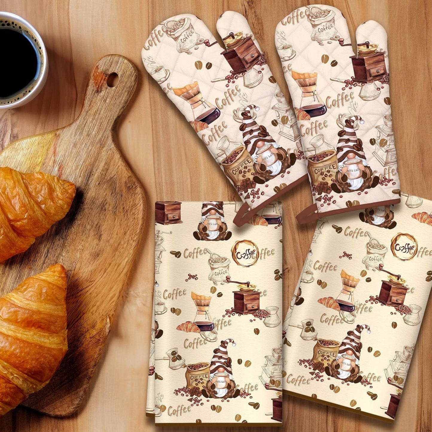 Vintage Coffee Kitchen Towels and Oven Mitts Set 4Pcs, Soft Absorbent Dish Cloth Heat Resistant Oven Gloves for Cooking Baking Kitchen Decoration, Gifts for Her