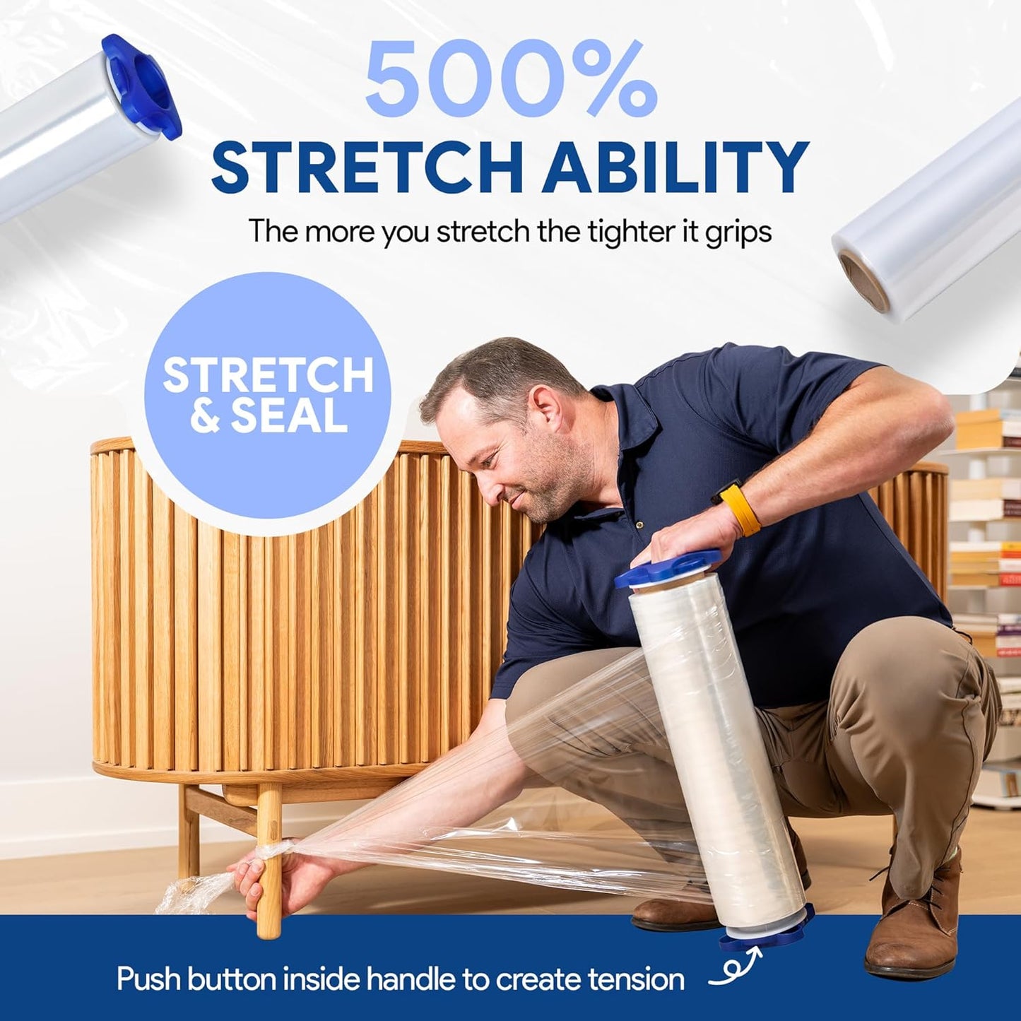 International Plastics Co. 15" Plastic Stretch Film Wrap with Tension Handles 1200ft 500% Stretch Clear Cling Durable Adhering Packing Moving Packaging Heavy Duty Shrink