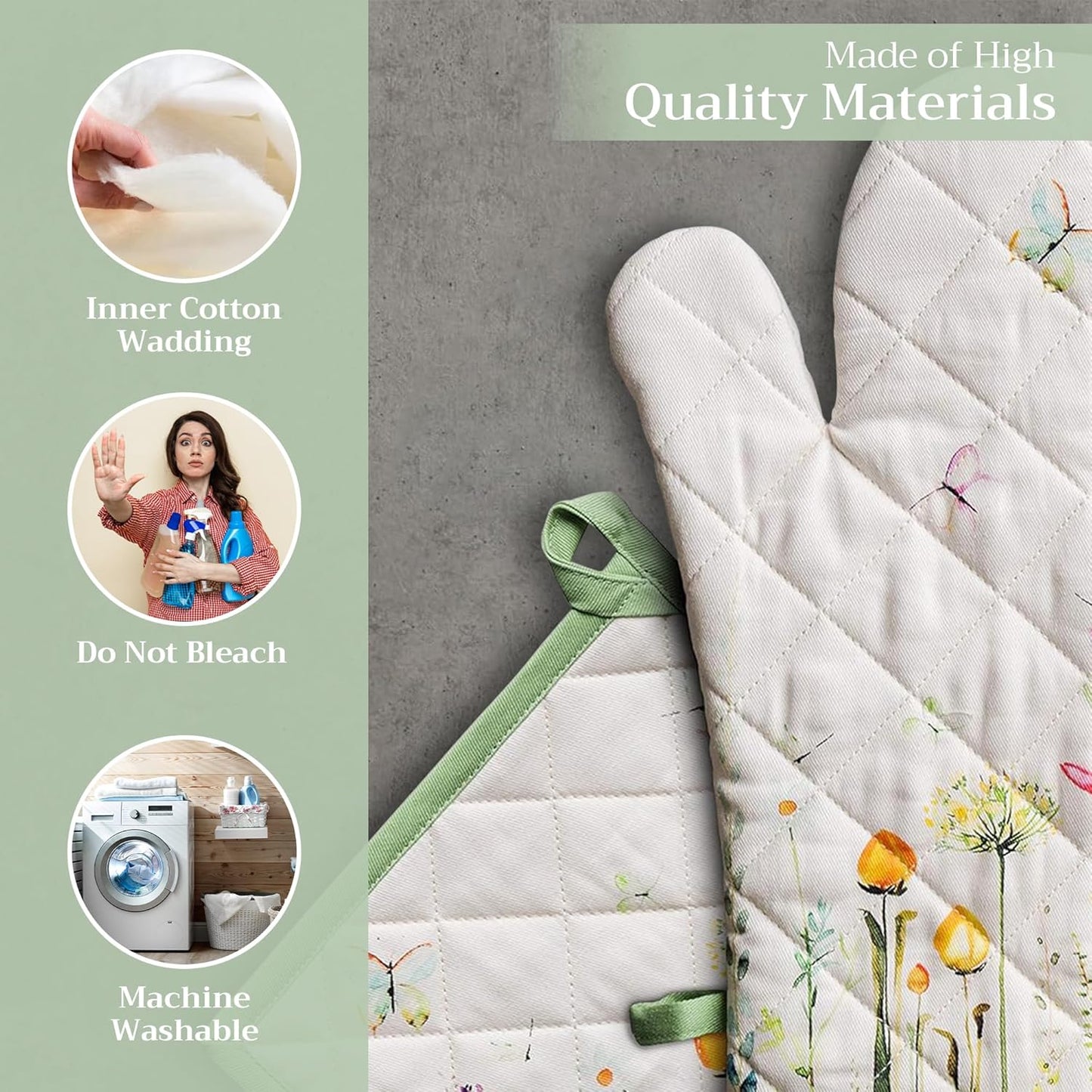 Maison d' Hermine 100% Cotton Oven Mitt & Pot Holder Set (7.5"x13" & 8"x8") Heat Resistant BBQ Cooking Gloves with Loop, Baking, Grilling, Kitchen, Handling Hot Pans Spring/Summer (Botanical Fresh)