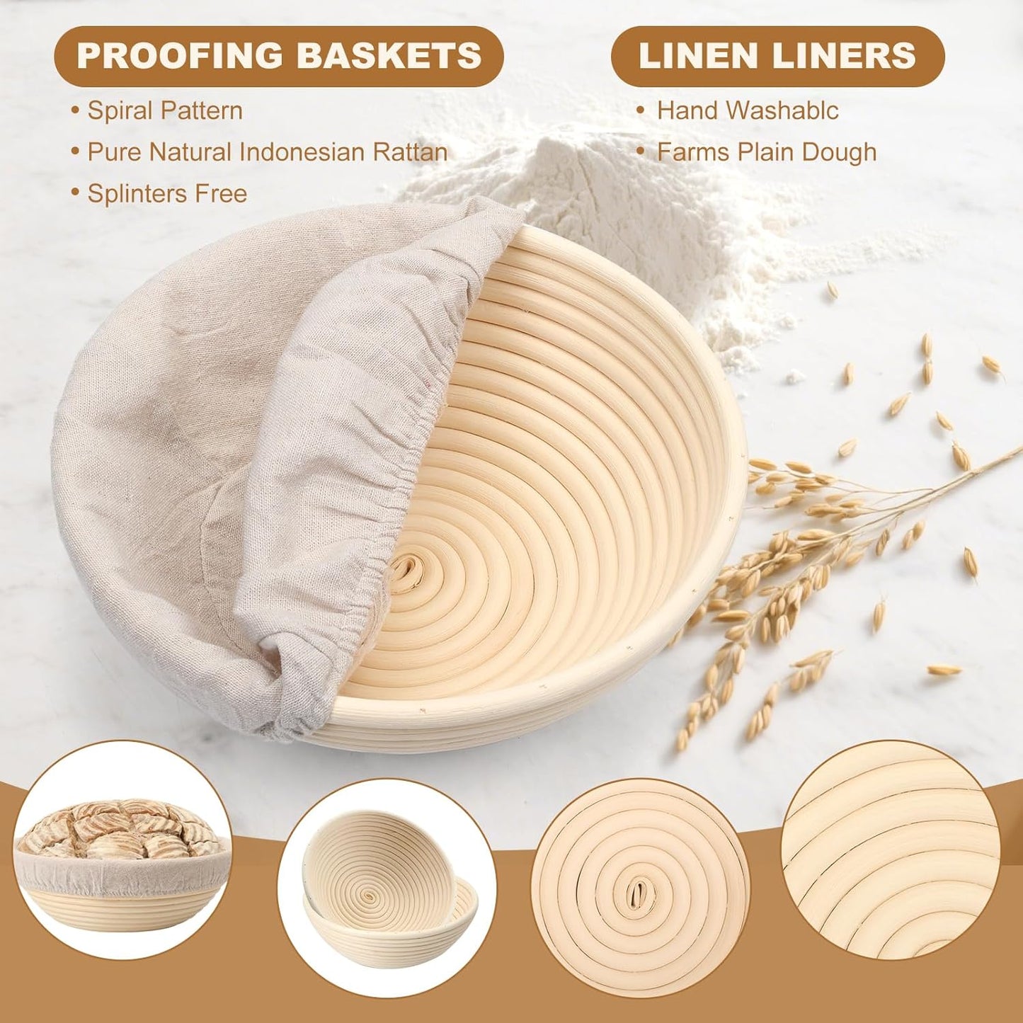 Banneton Bread Proofing Basket Set of 4PCS 9 Inch Round Sourdough Dough Proofing Bowls for Sour Dough Bread Baking Supplies, Proofing Basket or Home Sourdough Bakers Baking
