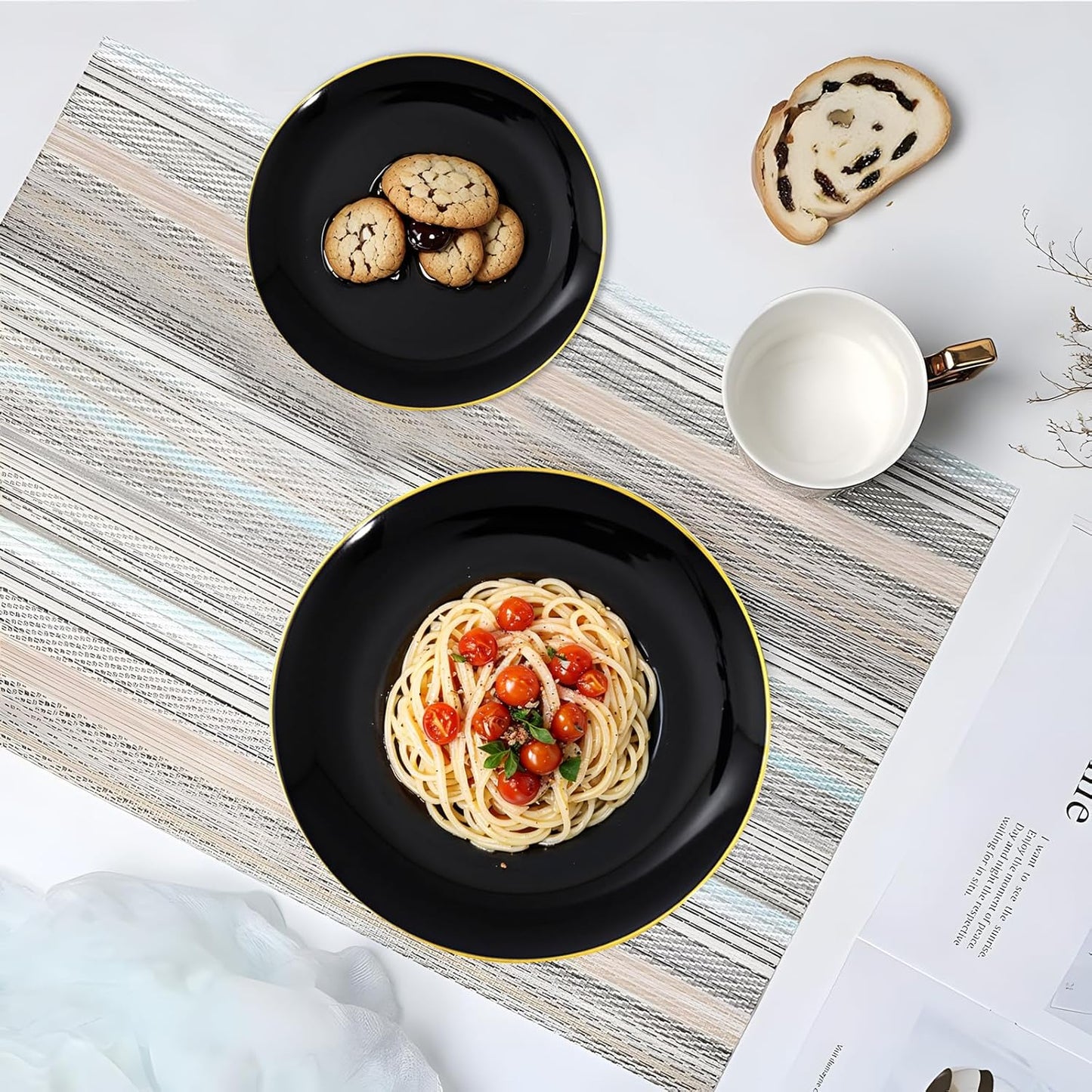 KIRE 100PCS Black and Gold Plates - Black Plastic Plates Disposable with Gold Rim for Party/Wedding/Graduation Include 50Pcs 10.25inch for Dinner and 50Pcs 7.5inch for Dessert/Salad