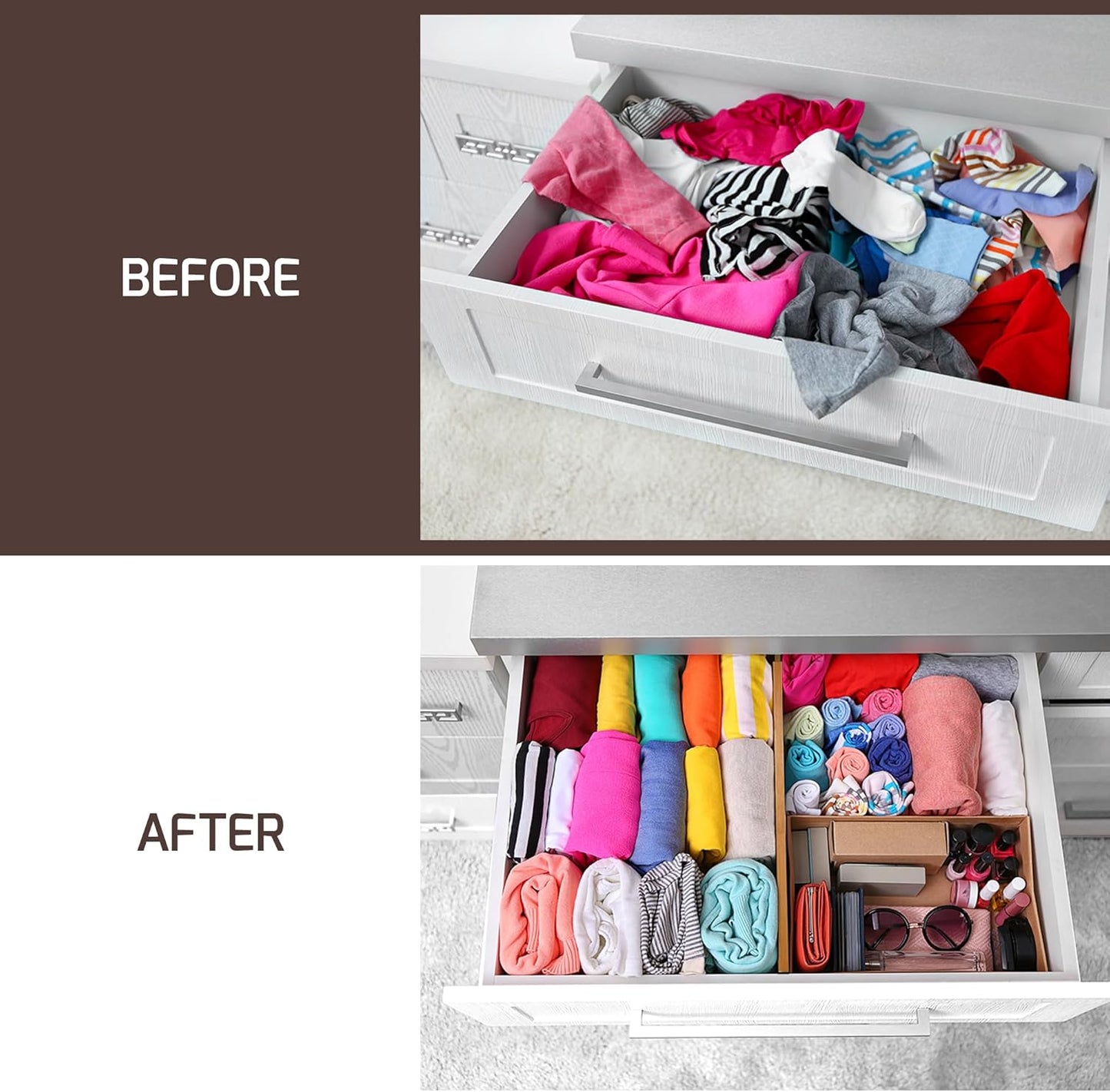 6 Pack Drawer Dividers 6 Inch High, 11”-17" Adjustable Bamboo Organizers Large Expandable Drawer Separators for Cloths, Dresser, Bedroom, Bathroom, Baby Drawer, Office & Kitchen Utensils (Natural)