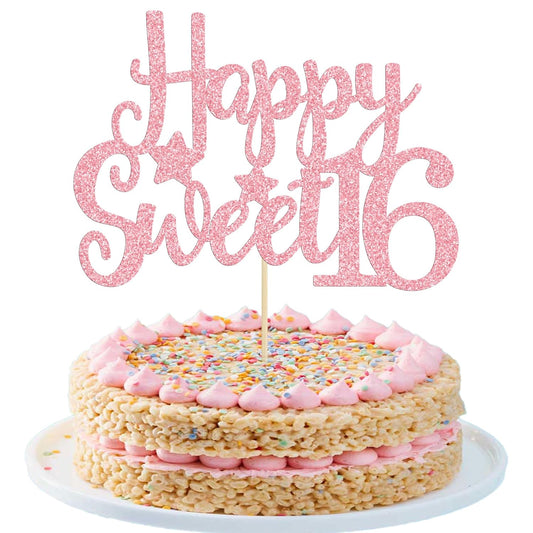 Gyufise 1Pc Pink Glitter Happy Sweet 16 Cake Topper 16th Birthday Cake Topper Sweet 16 Decorations 16th Birthday Decorations
