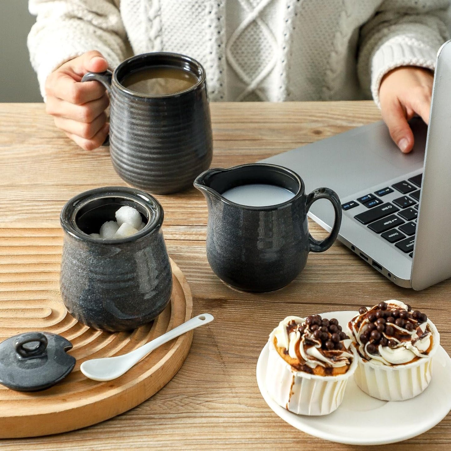 Hasense Porcelain Sugar and Creamer Set, 11 Oz Sugar Bowl with Lid and Spoon and 10 Oz Cream Pitcher, Farmhouse Coffee Sets for Serving, Dishwasher Safe, Grey
