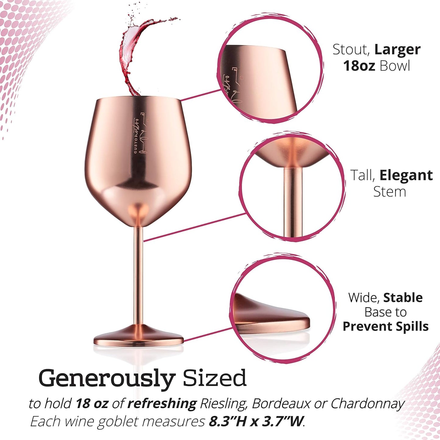 Gusto Nostro Stainless Steel Wine Glass - 18 oz - Unbreakable Rose Gold Wine Glasses for Travel, Camping and Pool - Fancy, Unique and Cool Portable Metal Wine Glass for Outdoor, Picnics (Set of 4)