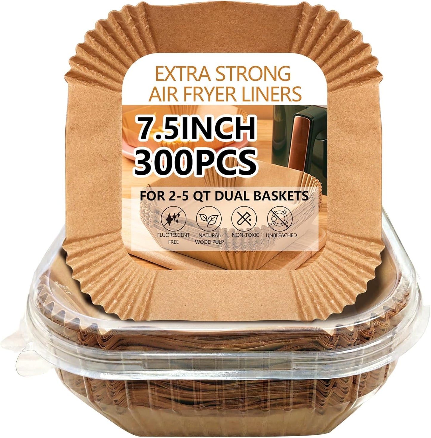 UBeesize 7.5 Inch Air Fryer Paper Liners,300 PCS Parchment Paper, Air Fryer Disposable Paper Liners for Microwave, Non-Stick Sheets Square Free of Bleach（Bottom size 6.3 Inch）