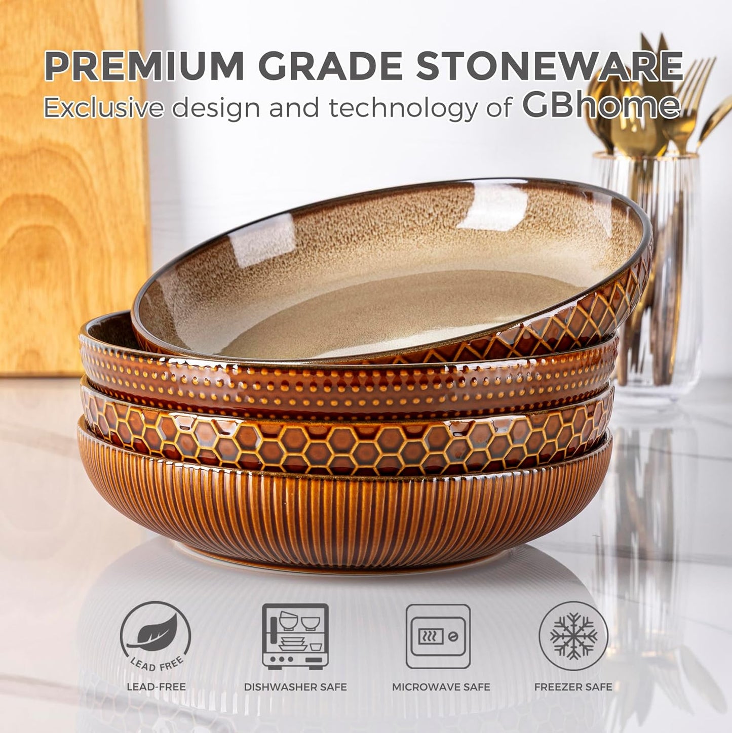 GBHOME 9.5'' Large Pasta Bowls, 42 Ounce Stoneware Salad Bowls for Kitchen, Ceramic Serving Bowls With Textured Pattern for Pasta,Fruit, Stews,Noodle, House-warming Gift, Set of 4-Caramel