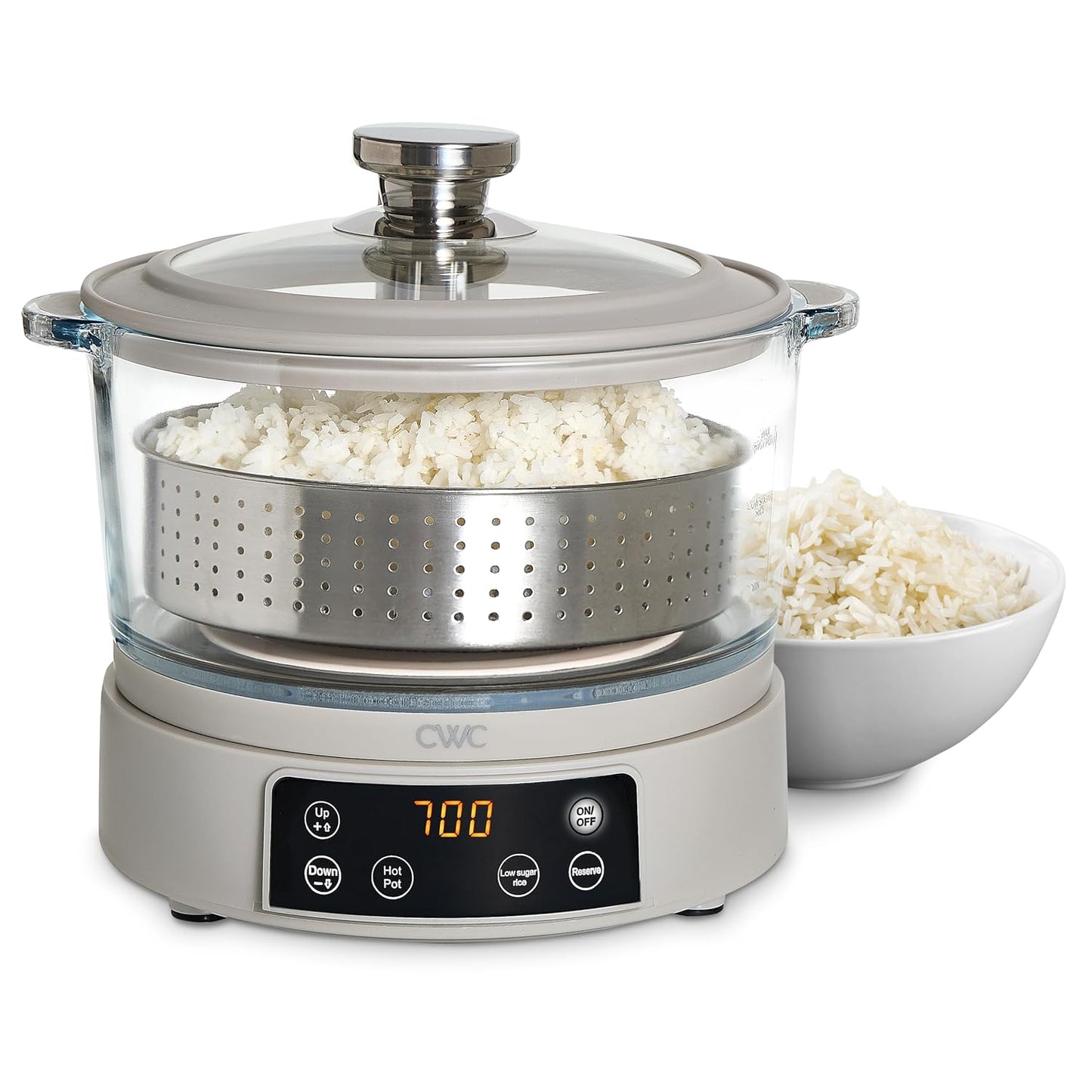 COOK WITH COLOR 3L Glass Low Carb Rice Cooker - Makes 6 Cups Cooked Low Sugar Rice with Auto Lift Filter Basket, Hotpot & Steamer for Rice, Grains and Oats, Digital Panel with Keep Warm, Sand