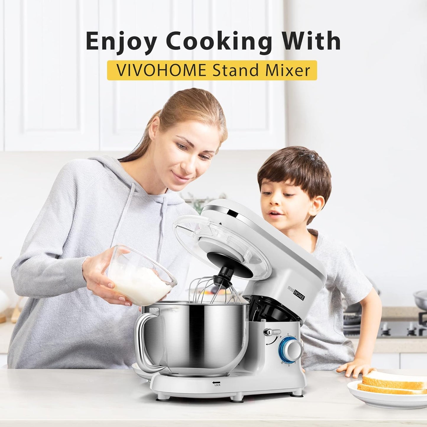 VIVOHOME Stand Mixer, 660W 10 Speed 6 Quart Tilt-Head Kitchen Electric Food Mixer with Beater, Dough Hook, Wire Whip and Egg Separator, Silver