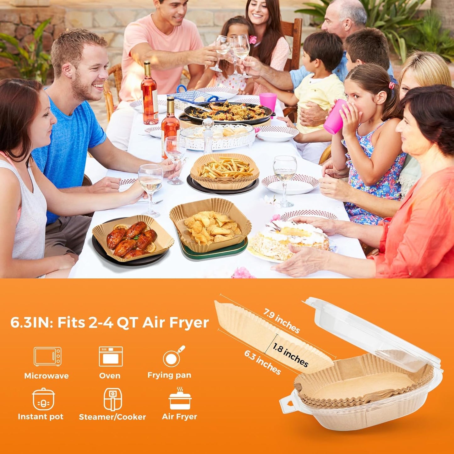 Air Fryer Paper Liners, 200pcs Air Fryer Liners Disposable, 6.3" Square Baking Liner for 2-4 qt Airfryer Basket, Non-stick and Oil Proof Parchment Paper for Oven, Pans & Baking