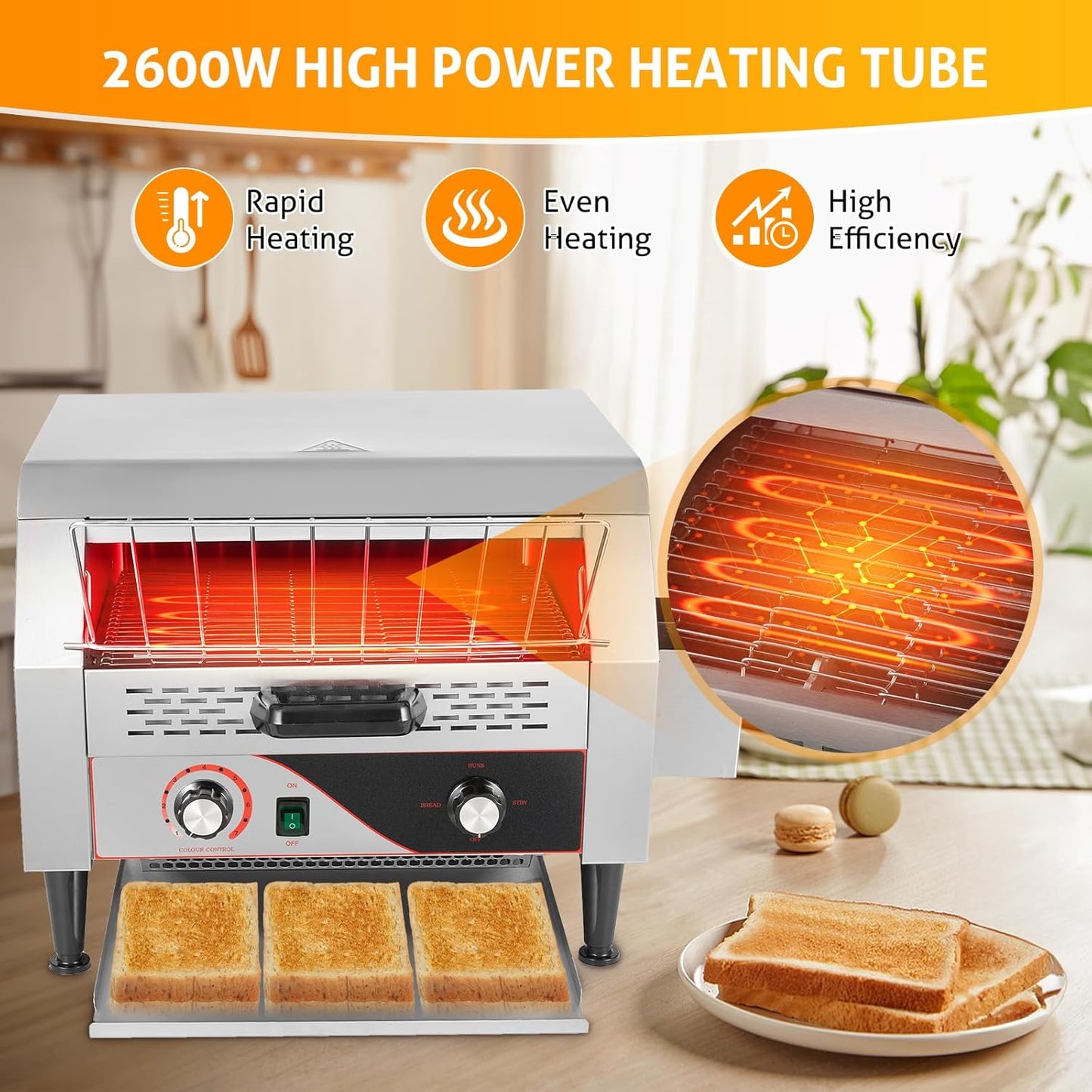 WICHEMI Commercial Toaster 450 Slices/Hour Commercial Conveyor Toaster Electric Stainless Steel Heavy Duty for Restaurant Bun Bagel Bread, 2600W