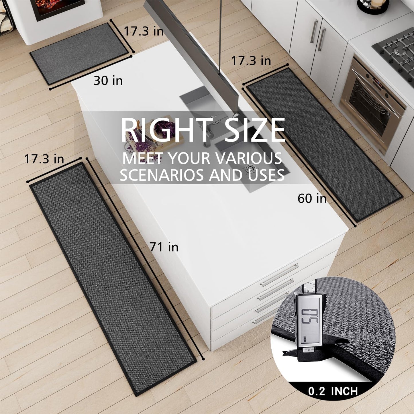 Kitchen Mat Set of 2 PCS, Cushioned Non Slip Rugs for Kitchen Floor, Absorbent Runner Comfort Standing Mats Washable for Kitchen, Office, Home (Black, 17.3"x30"+17.3"x60")