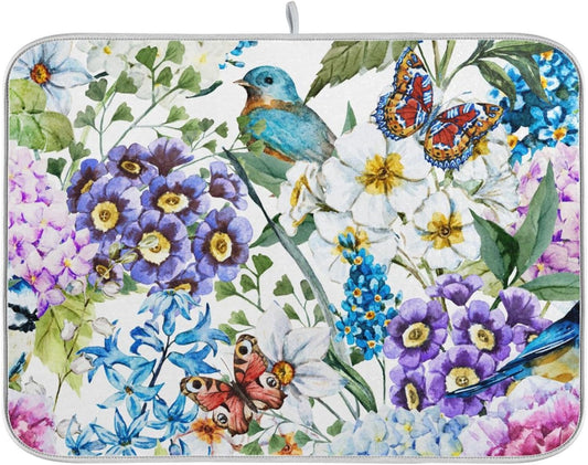 Flowers Birds Butterflies Dish Drying Mat for Kitchen Counter Absorbent Microfiber Drying Pad, Medium 16x18 in, Reversible Drainer Mats