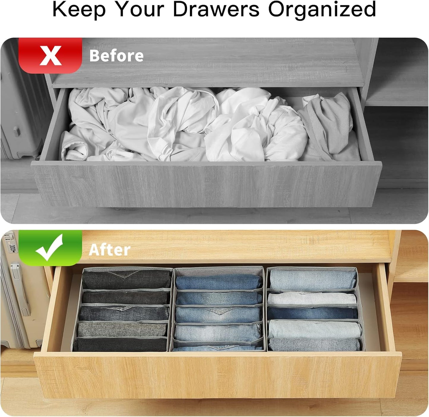 Qozary Pants Jeans Organizer for Closet, 4 Pack Drawer Organizers for Clothing, 5 Grids Wardrobe Clothes Storage for Deep Drawer, T-Shirts, Legging, Short