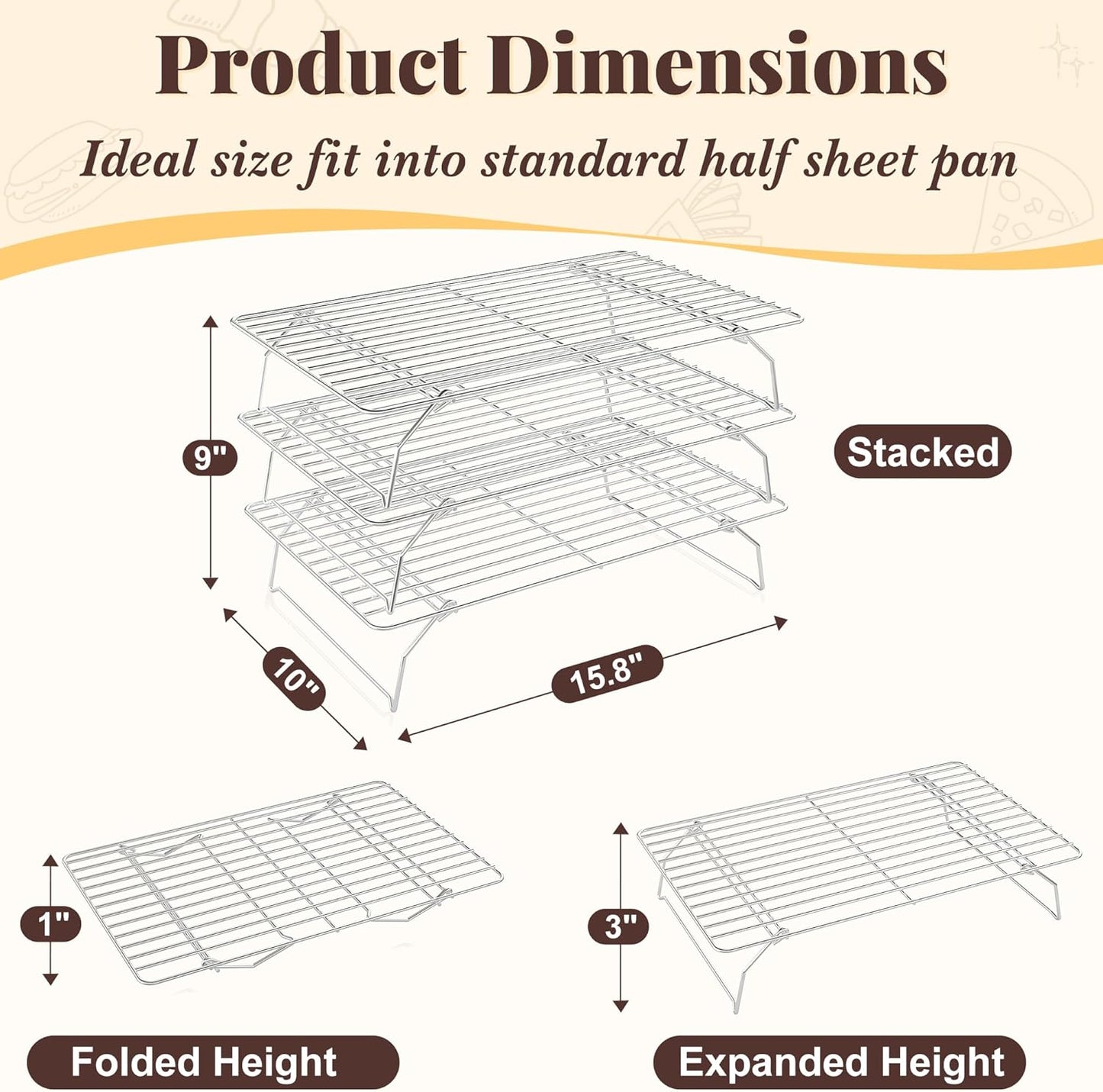 Cooling Racks for Cooking and Baking - 3 Tier Stackable Grid Wire Baking Rack for Oven Cooking, Baking, Grilling, Roasting -Dishwasher Safe Bacon Rack