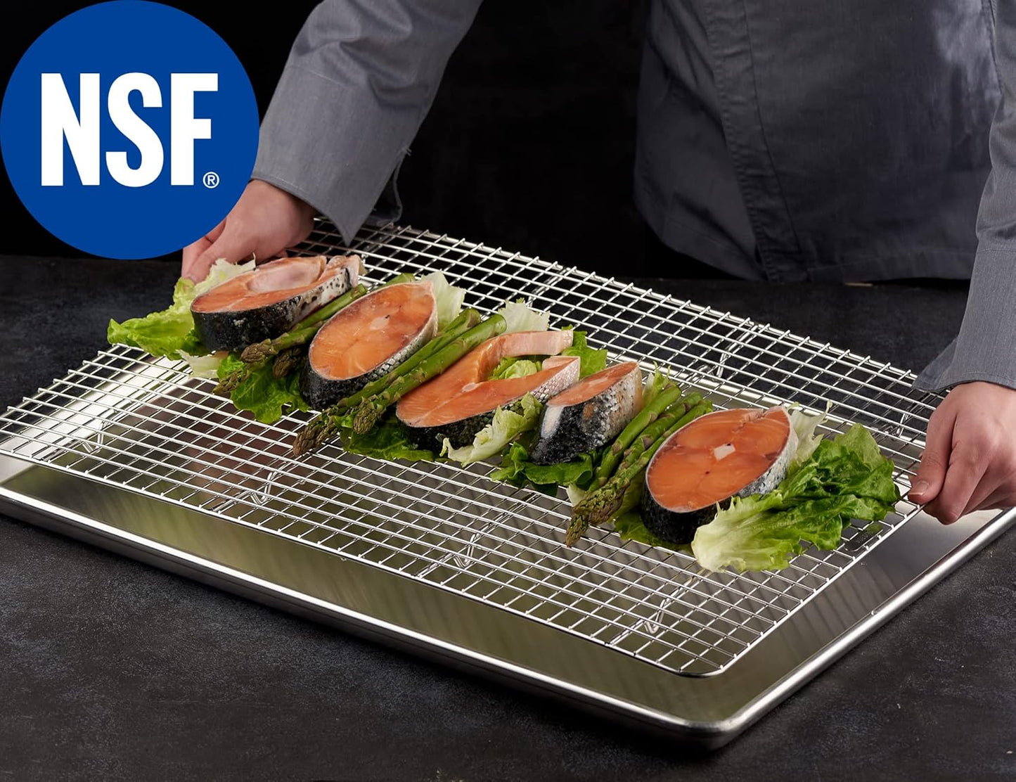 CURTA 2 Pack Chef Cooling Rack,NSF Listed 18/8 Stainless Steel Oven Safe Grid Wire Cookie Cooling Racks for Baking & Cooking - 16.8" X 24.4" Commercial Grade comes with Lifting Handle …