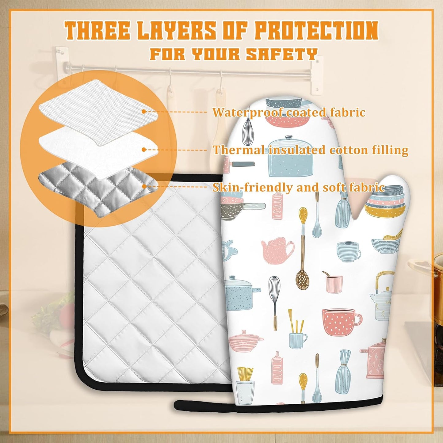 Pink Kitchen Utensil Oven Mitts and Pot Holders Set,Kitchen Decor Heat Resistant Non Slip Hot Pads and Oven Mitt for Chef Cooking Baking BBQ Mom Girl Gifts(4 Piece Set)