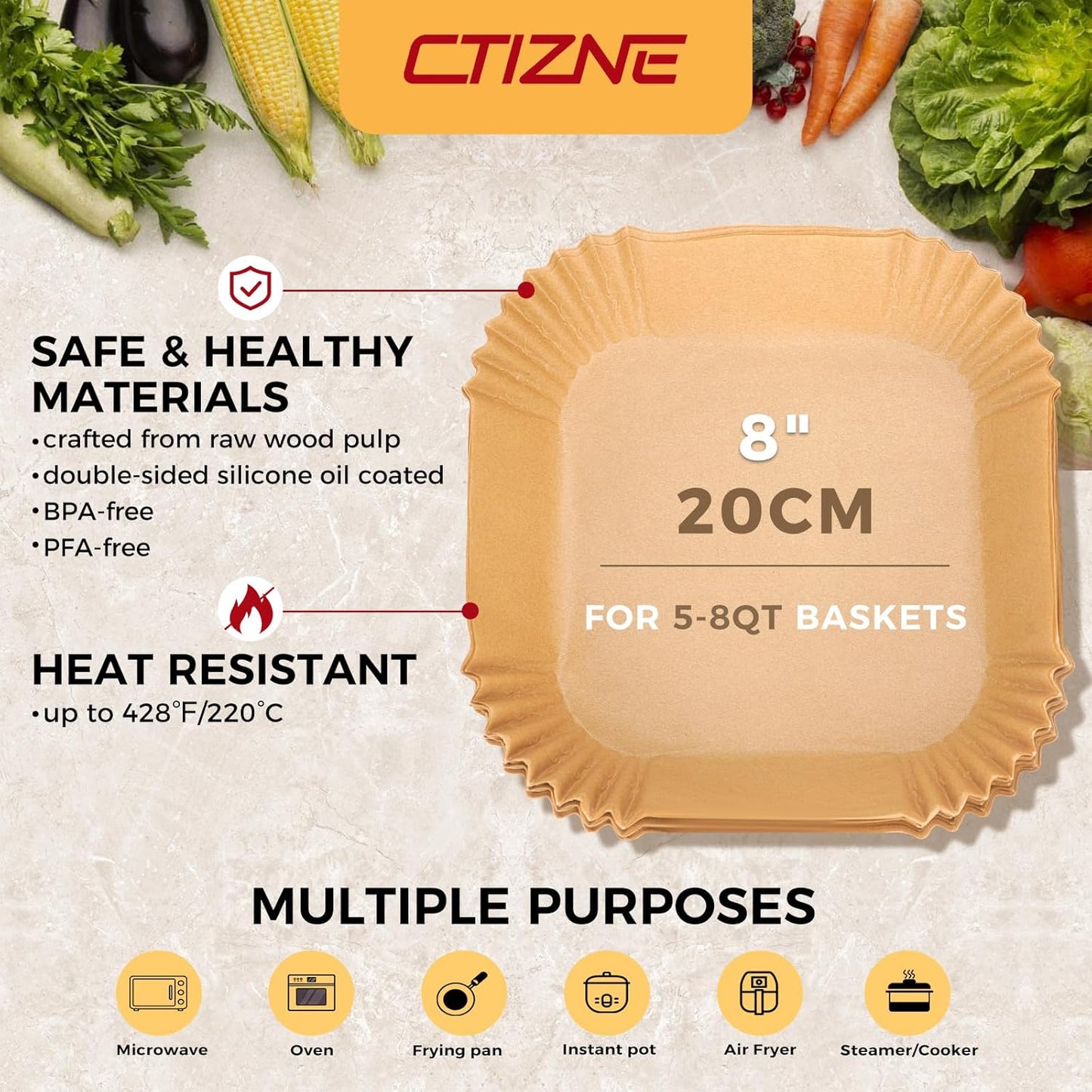 Air Fryer Liners Disposable - 300Pcs 8In Square Parchment Paper for Air Fryer Non-Stick Airfryer Basket Liners for Steamer Microwave Oven