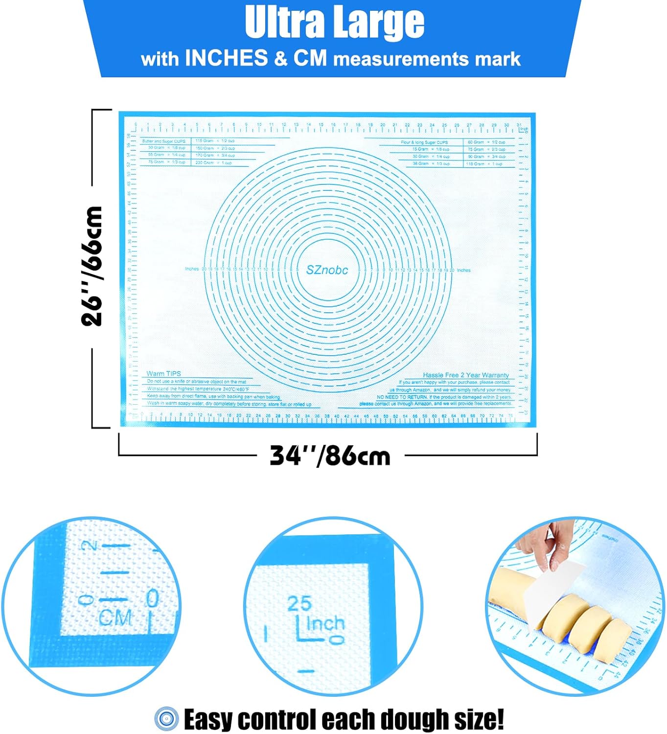 Silicone Pastry Mat 26'' By 34'' Extra Large Baking Mat with Measurements for Dough Rolling, Kneading Board, Kitchen Counter Mats for Dough, Pastry, Fondant, Pie Crust, Cookies, Bread, Pasta, Pizza