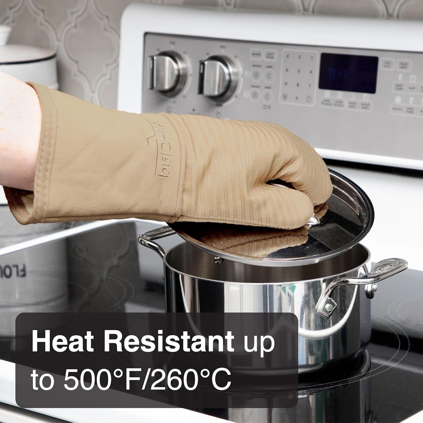 All-Clad Silicone Oven Mitts: Heat Resistant up to 500 Degrees - 100% Cotton & Silicone, 14"x7" Oven Mitt for Kitchen and Barbeque, 2-Pack, Cappuccino