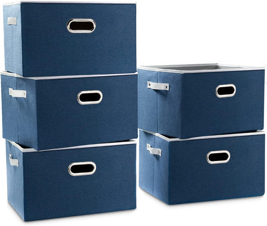 PRANDOM Larger Collapsible Storage Bins for Closet [5-Pack] Decorative Linen Fabric Storage Baskets Cubes with Leather/Metal Handles for Living Room Royal Blue (17.3x12.2x10.4 Inch)