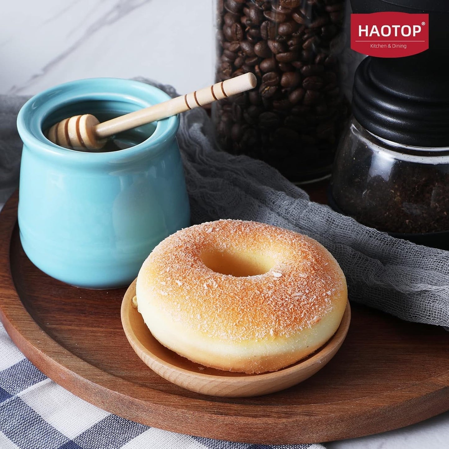 HAOTOP Ceramic Honey pot with Lid and Honey Dipper,Porcelain Honey Jar Easy to Clean and Dishwasher Safe,12oz (Blue)