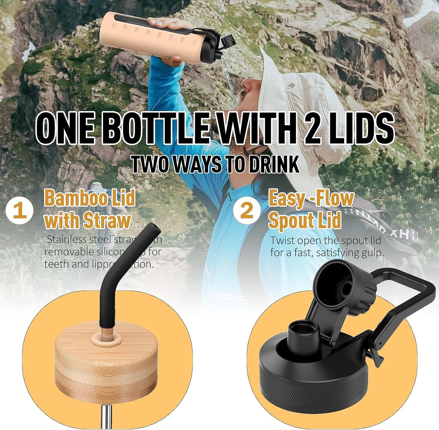 Glass Water Bottle with Straw, 24oz Glass Drinking Bottle with 2 Lids-Bamboo and Spout Lid with Phone Holder Handle for Gym Sports,with Silicone Sleeve and Time Marker,Black