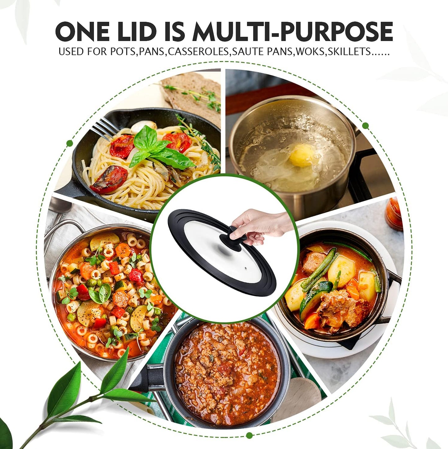 Universal Lid for Pots, Pans and Skillets, Pot Lid With Heat Resistant Silicone Rim and Tempered Glass, Fits 8", 8.5", 9.5" Diameter Pots and Pans