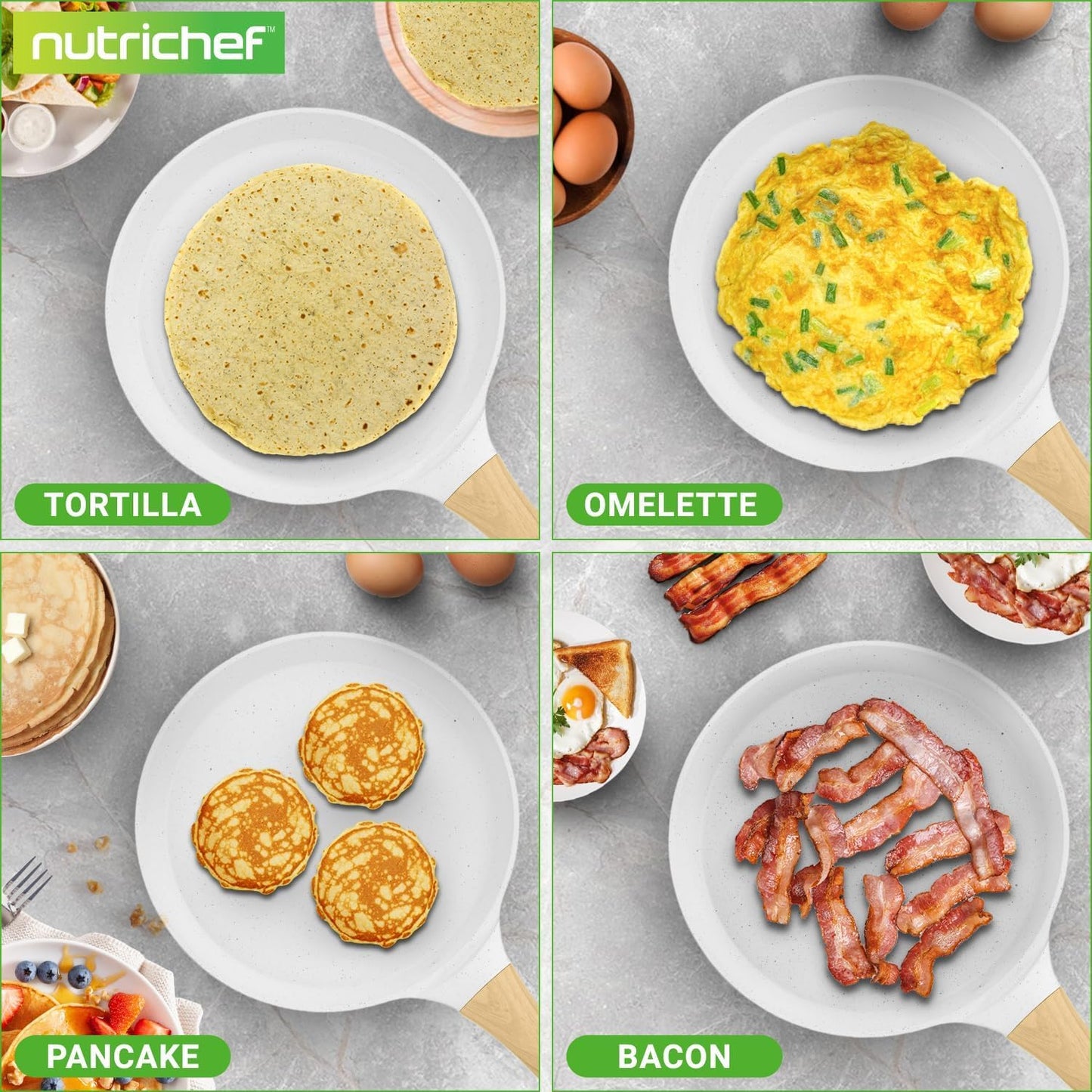 NutriChef 9.45” Non-Stick Crepe Pan with Wooden Spreader, Durable Marble Coated Dosa Pan, Bakelite Handle and Induction Bottom, PFOA/PFOS Free, Dishwasher Safe, Even Heat Distribution (White Cream)