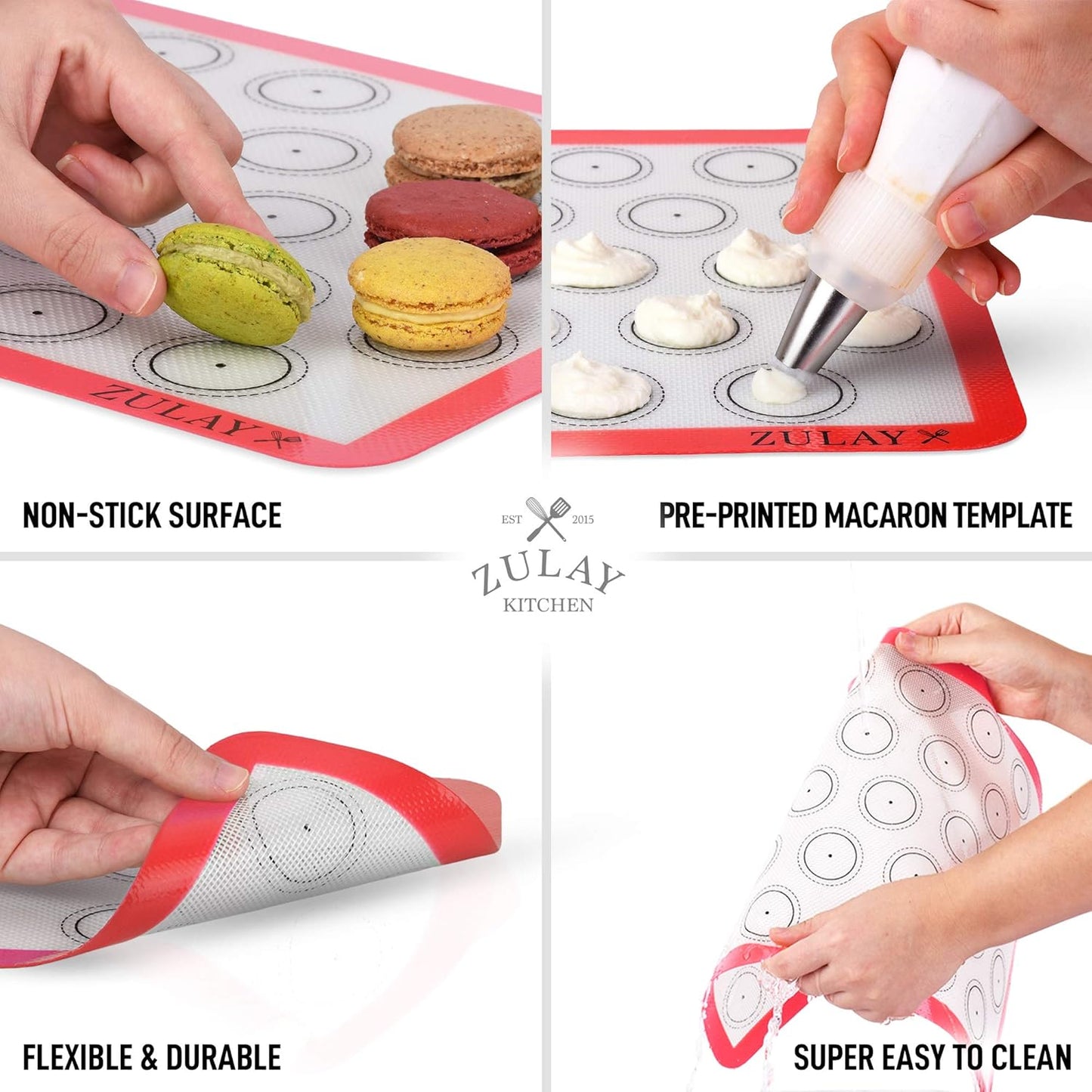 Zulay (Set of 4) Silicone Baking Mat - Macaron Silicone Baking Mats With Pre-printed Template Design - Non Stick & Reusable Silicone Baking Sheet - 2 Half Size + 2 Quarter Size (Red)