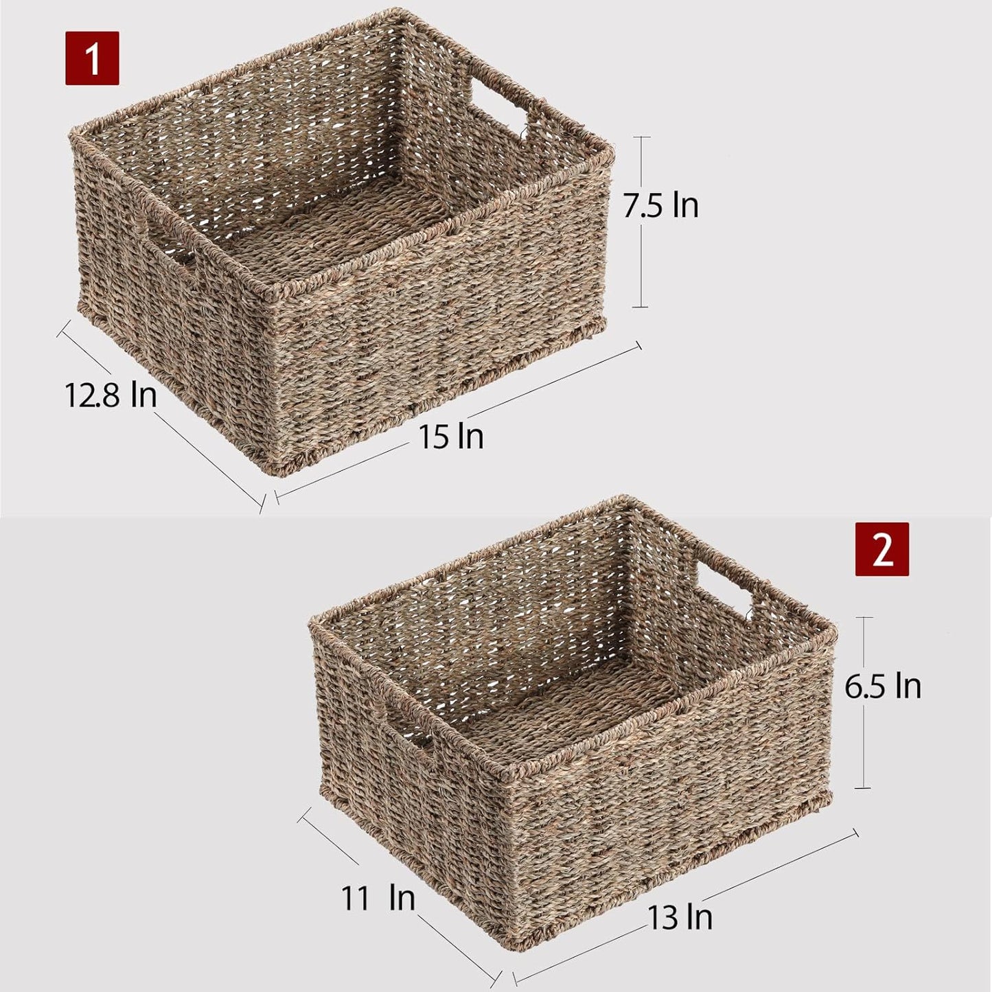 HOONEX Large Wicker Baskets for Storage, Seagrass Baskets with Dual Handles, Woven Set of 2, Natural
