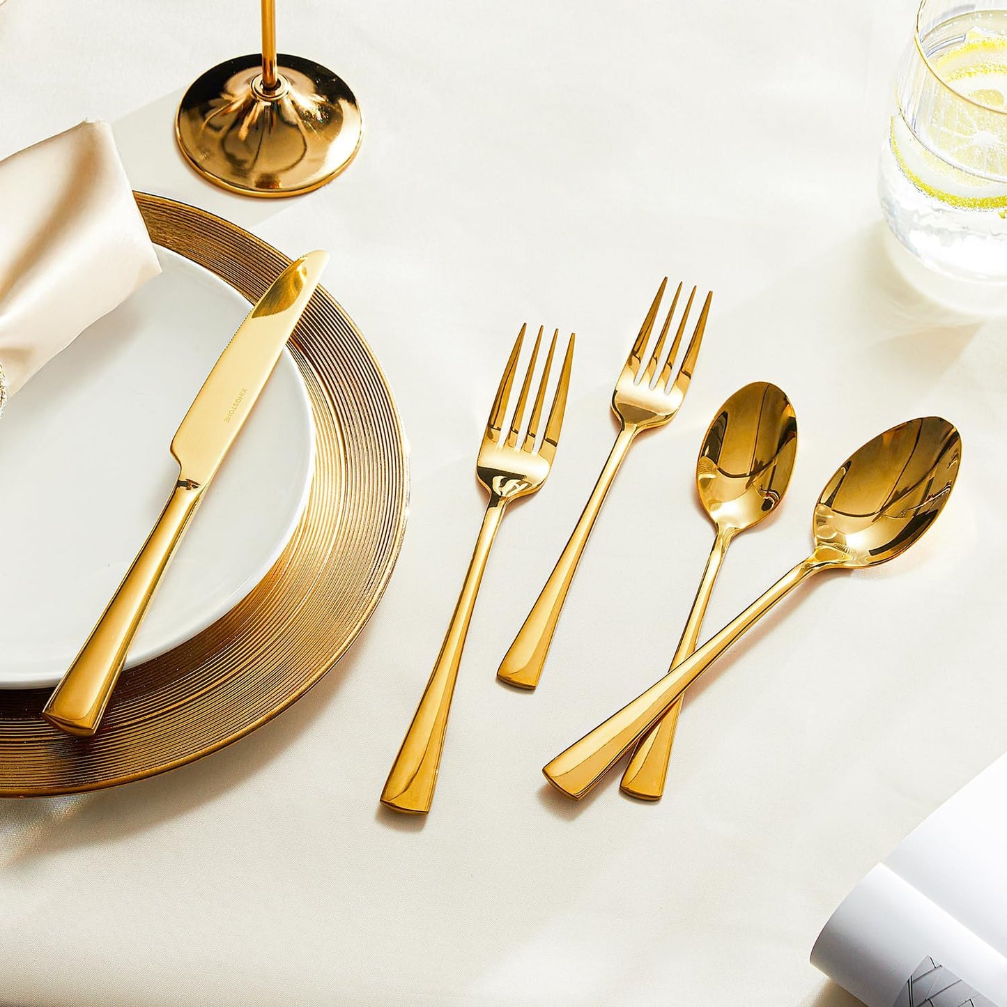 KINGSTONE 18/10 Stainless Steel Flatware, 20-Piece Forged Silverware Set for 4, Mirror Polished Cutlery Set Dishwaher Safe for Home, Restaurant, Wedding, Party, Gold