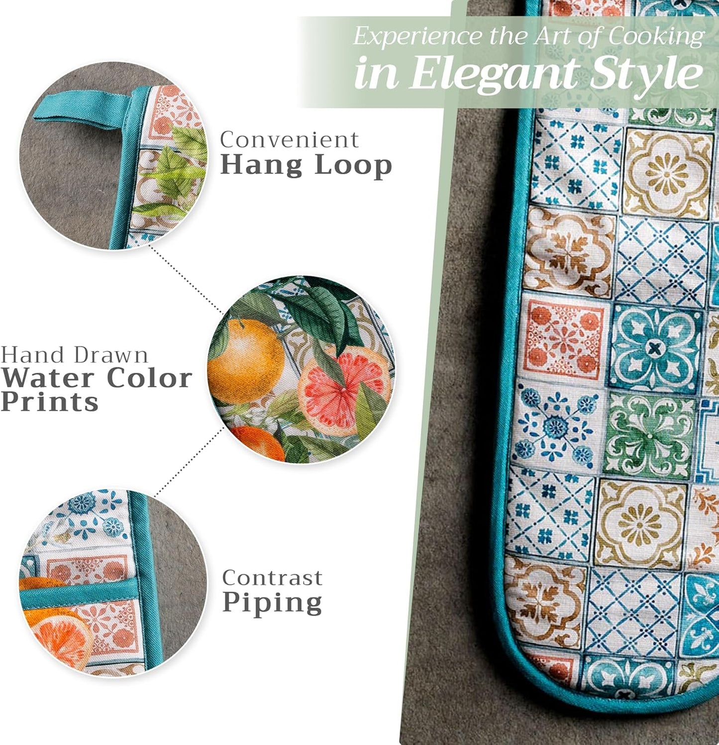 Maison d' Hermine Double Oven Mitts 100% Cotton 7"x35" Double Oven Mitt Heat Resistant BBQ Cooking Gloves with Loop, Baking, Grilling, Home, Kitchen, Handling Hot Pans Spring Summer (Agrume)