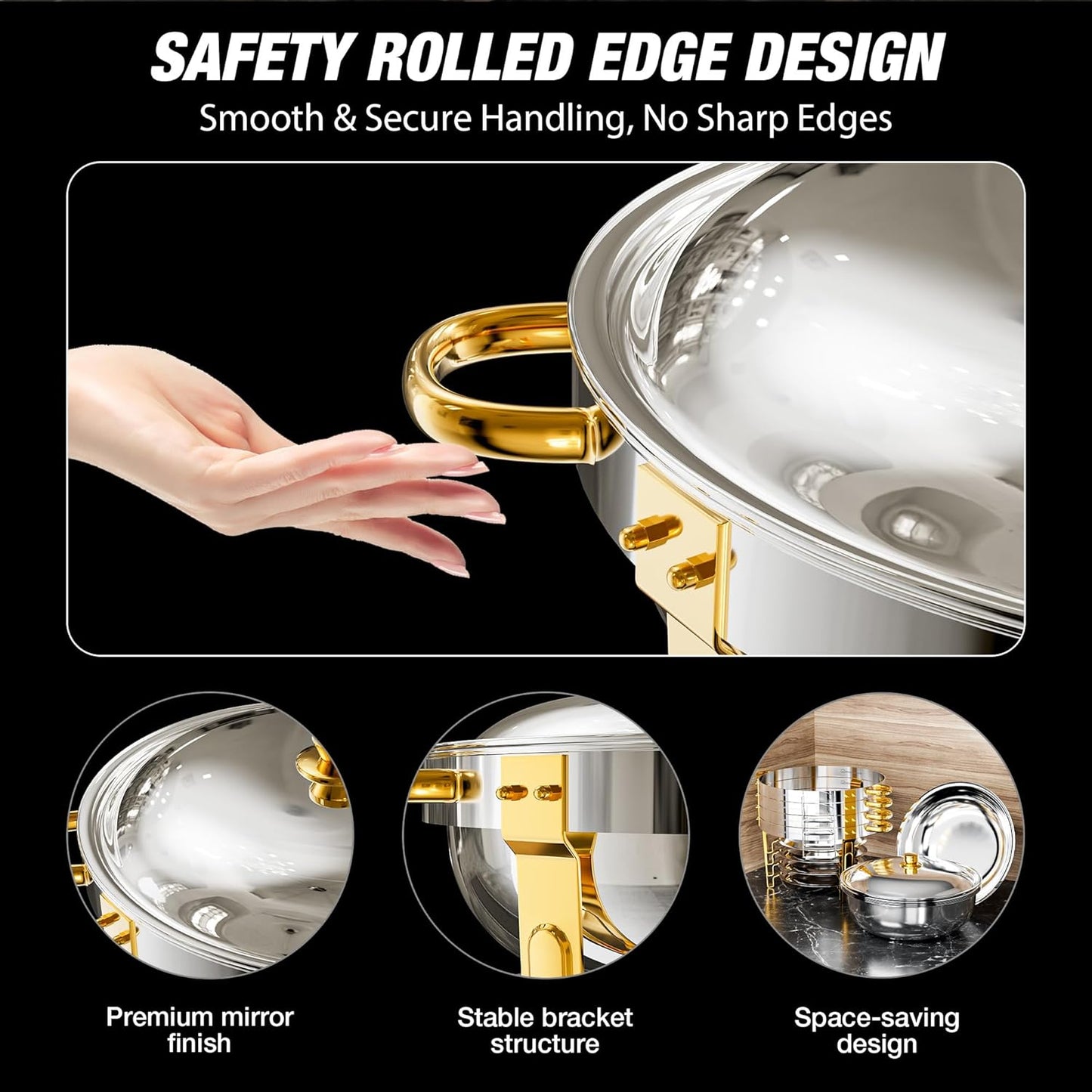 Gold Chafing Dishes for Buffet (5QT, 2 Pack), Round Chafers and Buffet Warmers Sets, Food Grade Stainless Steel Chafing Dish Set, Rolled Edge Design, for Catering Events, Parties, Weddings