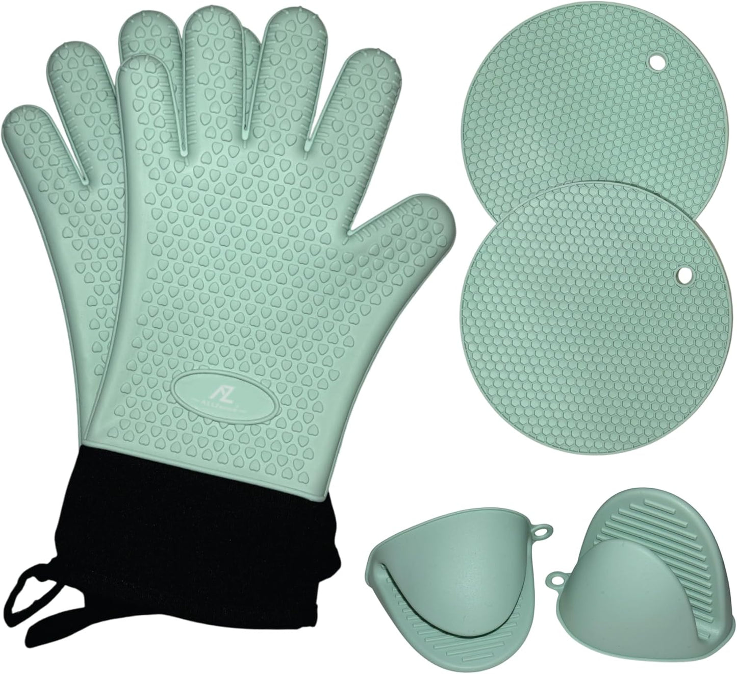 Silicone Smoker Oven Gloves & BBQ Set – Extreme Heat Resistant, Waterproof Oven Mitts, Mini Gloves, Hot Pads & Pot Holders for Cooking, Grilling, Baking, Extra Soft, Superior Value 6 pc Set. (Aqua)