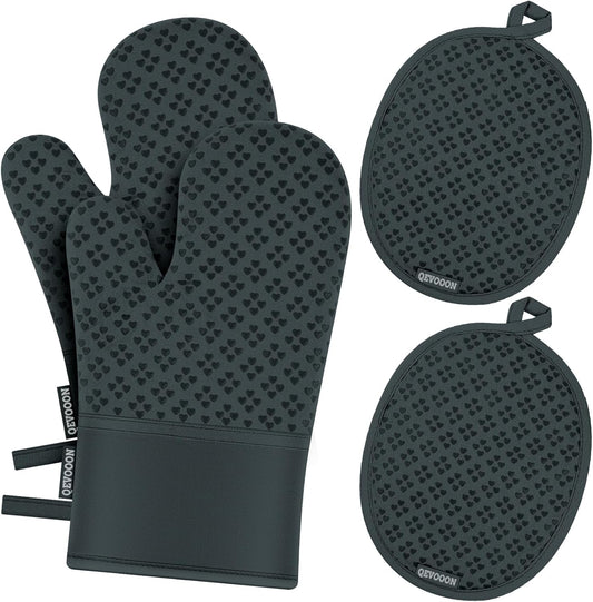 Oven Mitts and Pot Holders 4 Sets, Heat Resistant 500 ℉ Oven Mitt and Pot Holder,Oven Glove&Potholders with Non-Slip Silicone Surface,Kitchen Essentials for Cooking/Baking/BBQ-Deep Green