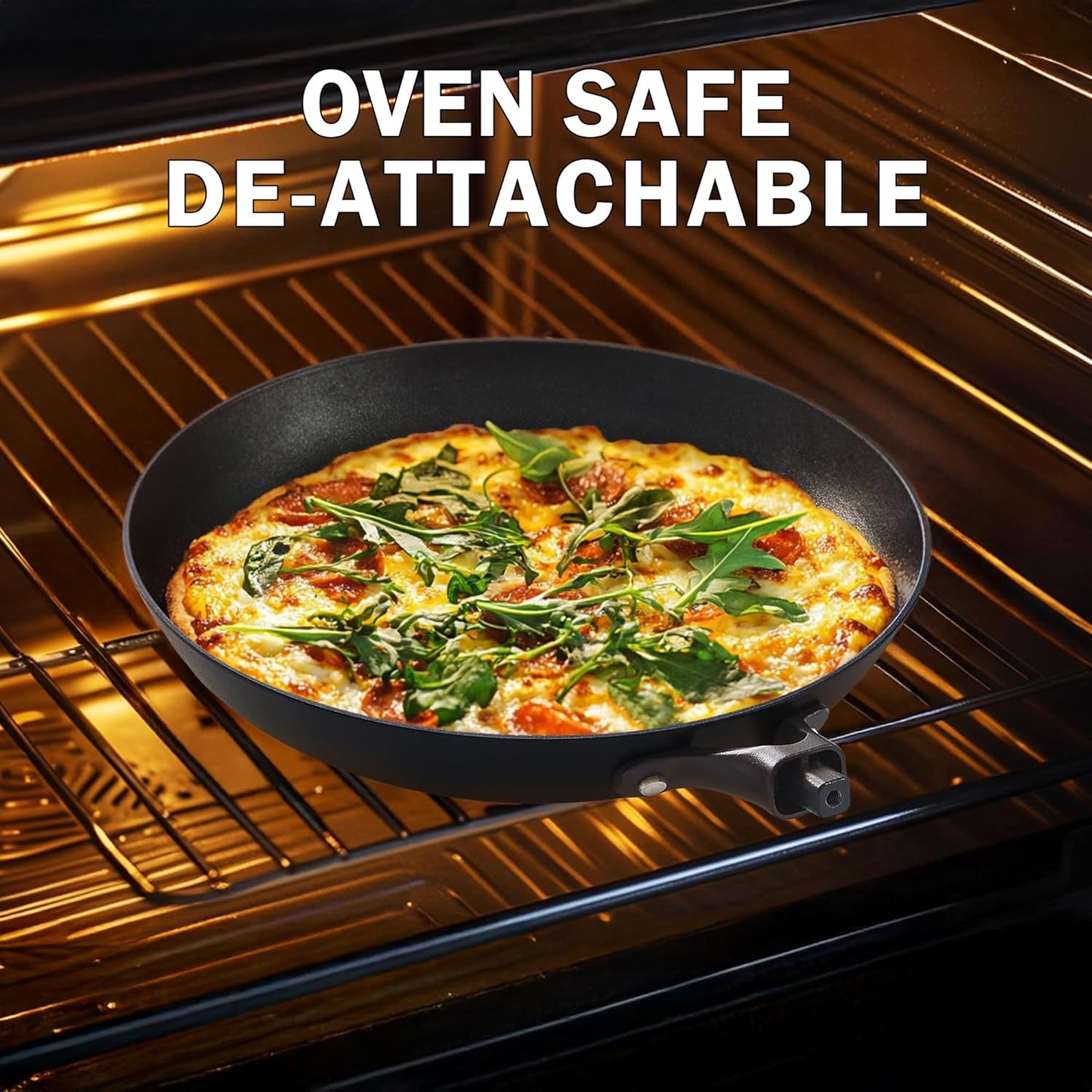 DM Cast Iron Skillet, 12 Inch Nonstick Frying Pan with Detachable Acacia Wooden Handle, Honeycomb Non stick Omelet Egg Pan, Easy Clean Oven Safe Pans for Cooking