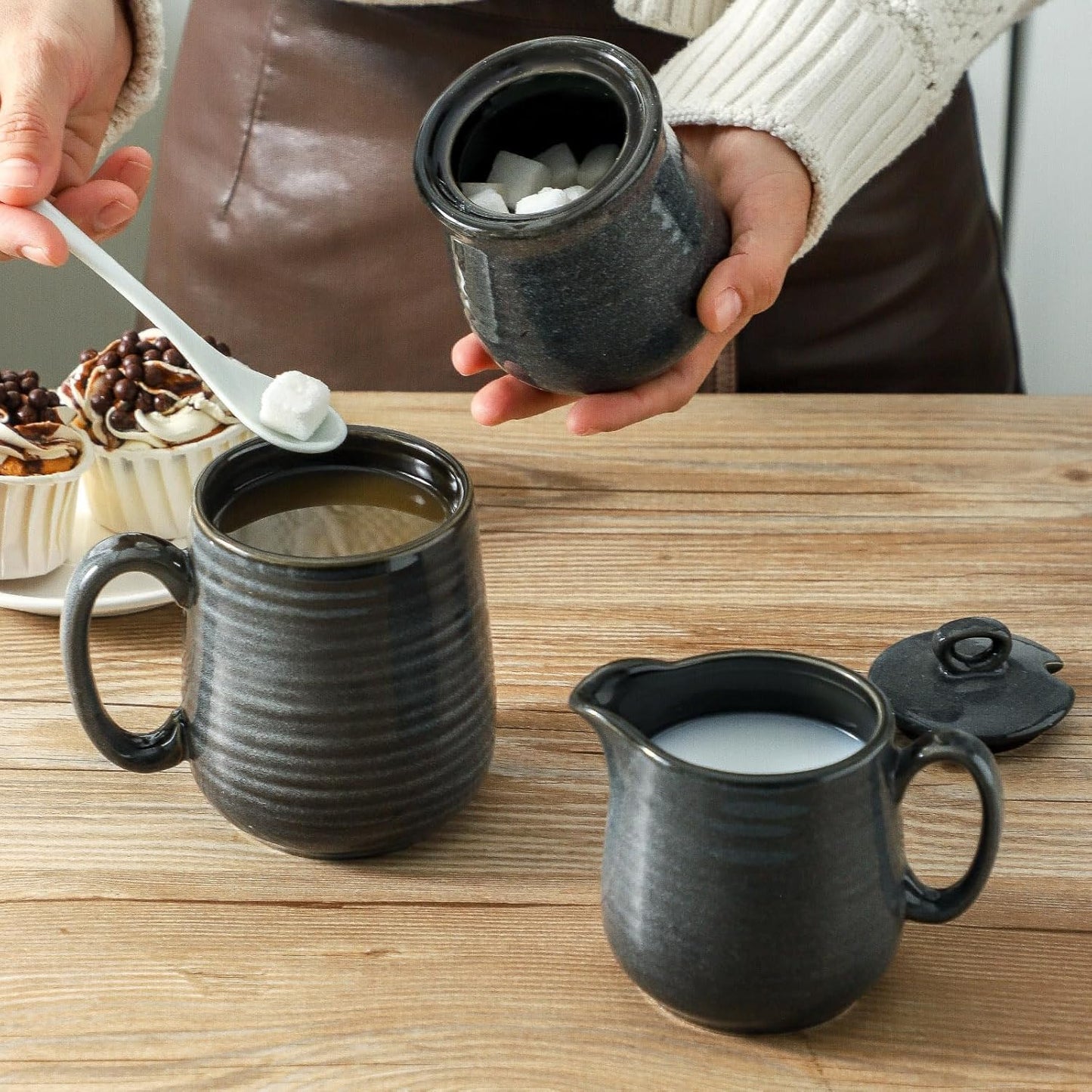 Hasense Porcelain Sugar and Creamer Set, 11 Oz Sugar Bowl with Lid and Spoon and 10 Oz Cream Pitcher, Farmhouse Coffee Sets for Serving, Dishwasher Safe, Grey