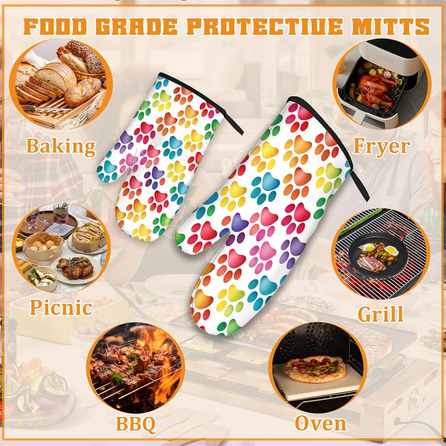 Cat Dog Paw Oven Mitts and Pot Holders Set,Rainbow Kitchen Decor Heat Resistant Non Slip Hot Pads and Oven Mitt for Chef Cooking Baking BBQ Mom Girl Gifts(4 Piece Set)