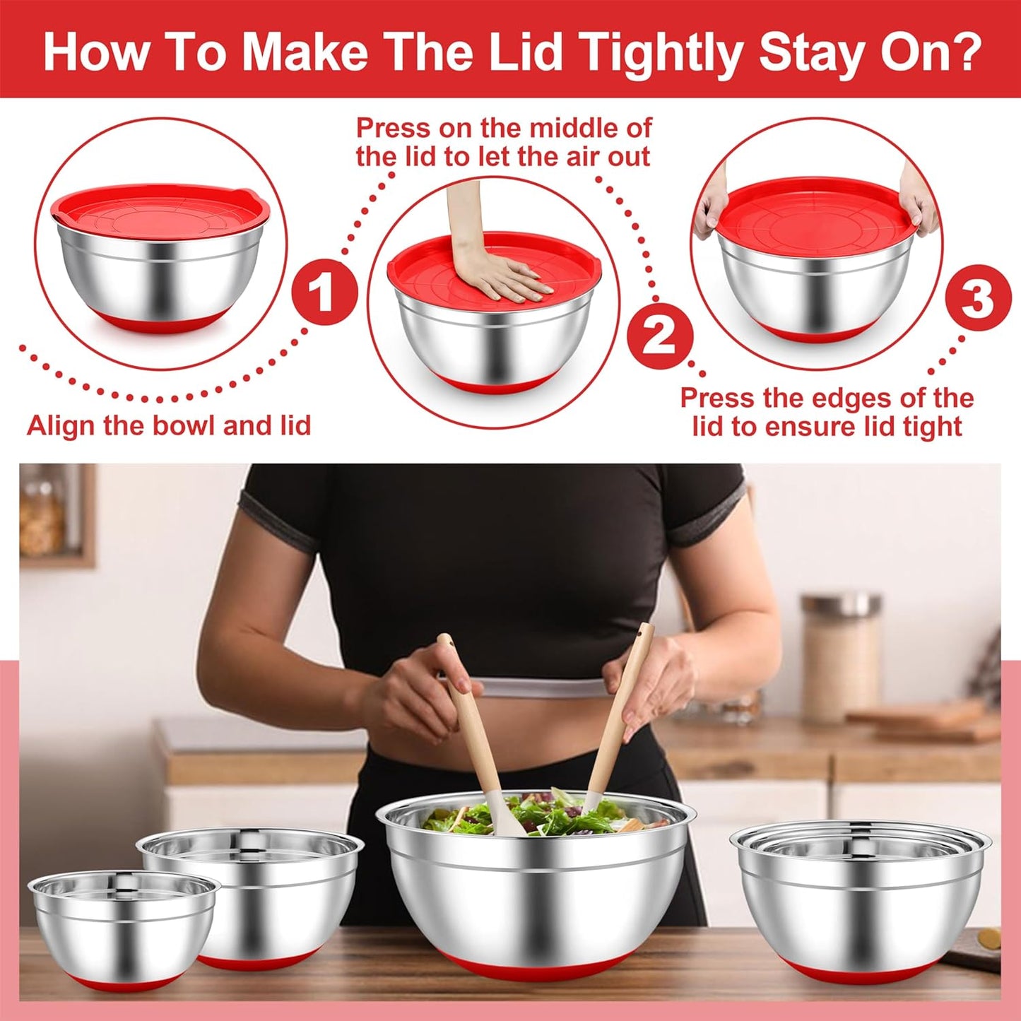 TeamFar Mixing Bowls, Red Mixing Bowls with Lids Set, Stainless Steel Nesting Salad Bowl with Air-tight Lid & Silicone Bottom, Non Slip & Stackable - Set of 6-4.6/2.6/2 / 1.5/1 / 0.7 Qt