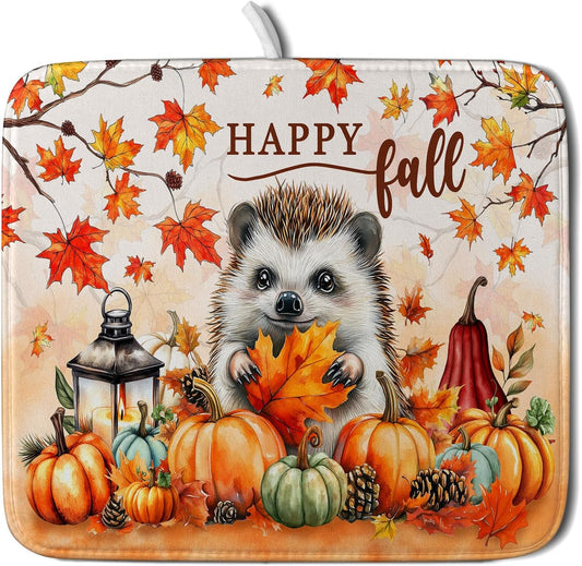 Happy Fall Dish Drying Mat - Cute Hedgehog Absorbent Drying Pad for Kitchen Counter
